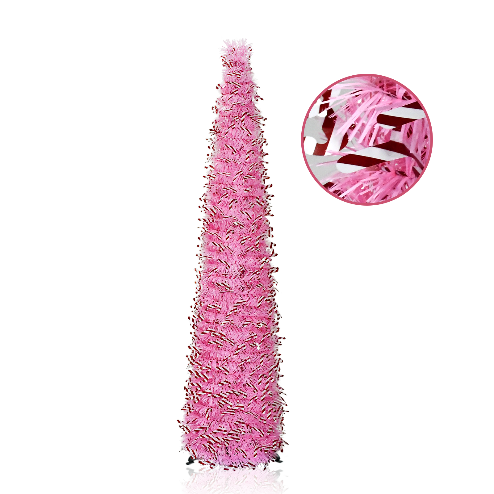 Pink Candy Cane Stripe Pop Up Tinsel Christmas Tree Collapsible Artificial Pencil Tree