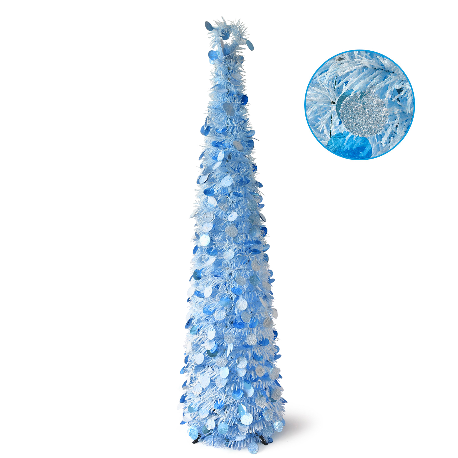 Ice Blue White Round Disc Pop Up Tinsel Christmas Tree Collapsible Artificial Pencil Tree