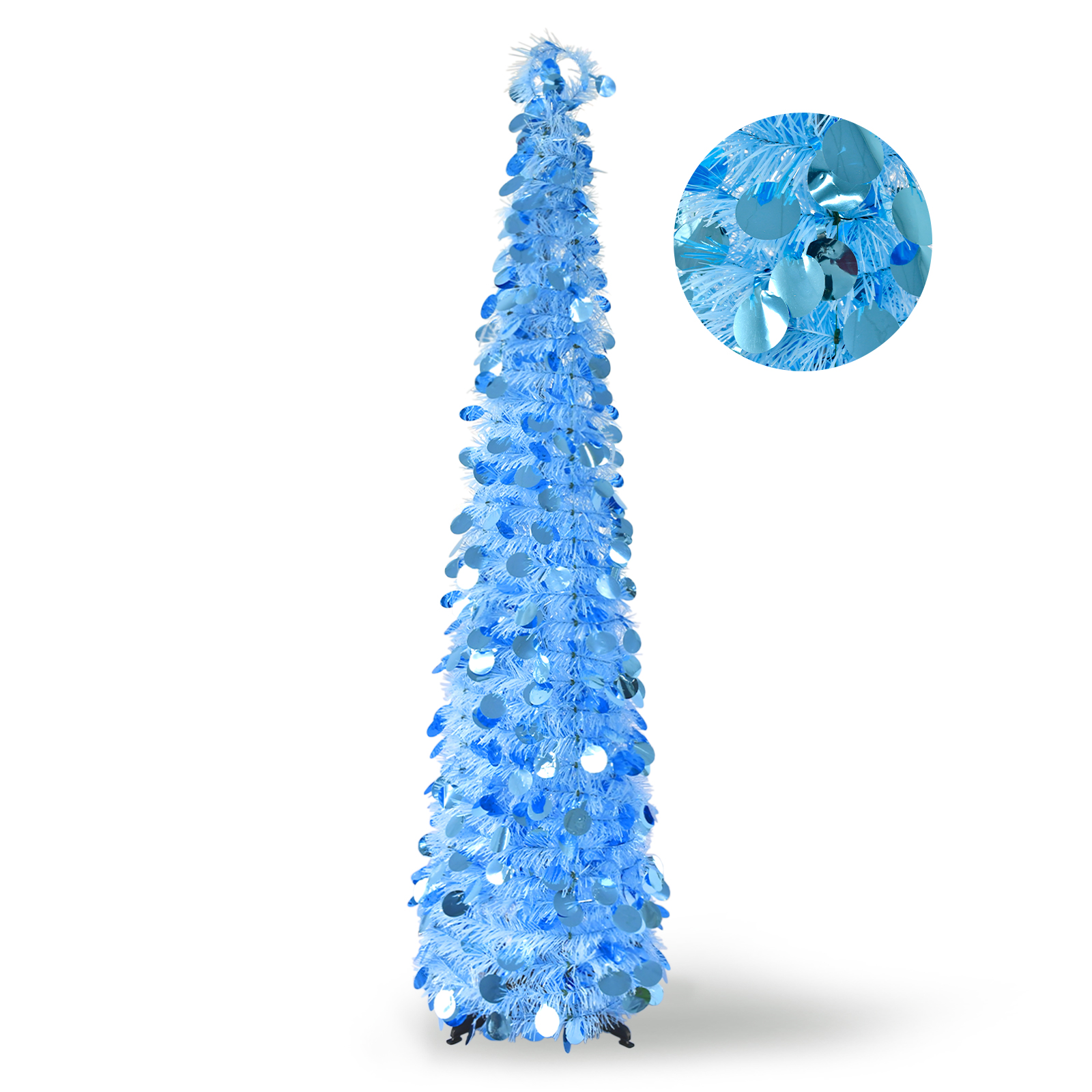 Light Blue Round Disc Pop Up Tinsel Christmas Tree Collapsible Artificial Pencil Tree