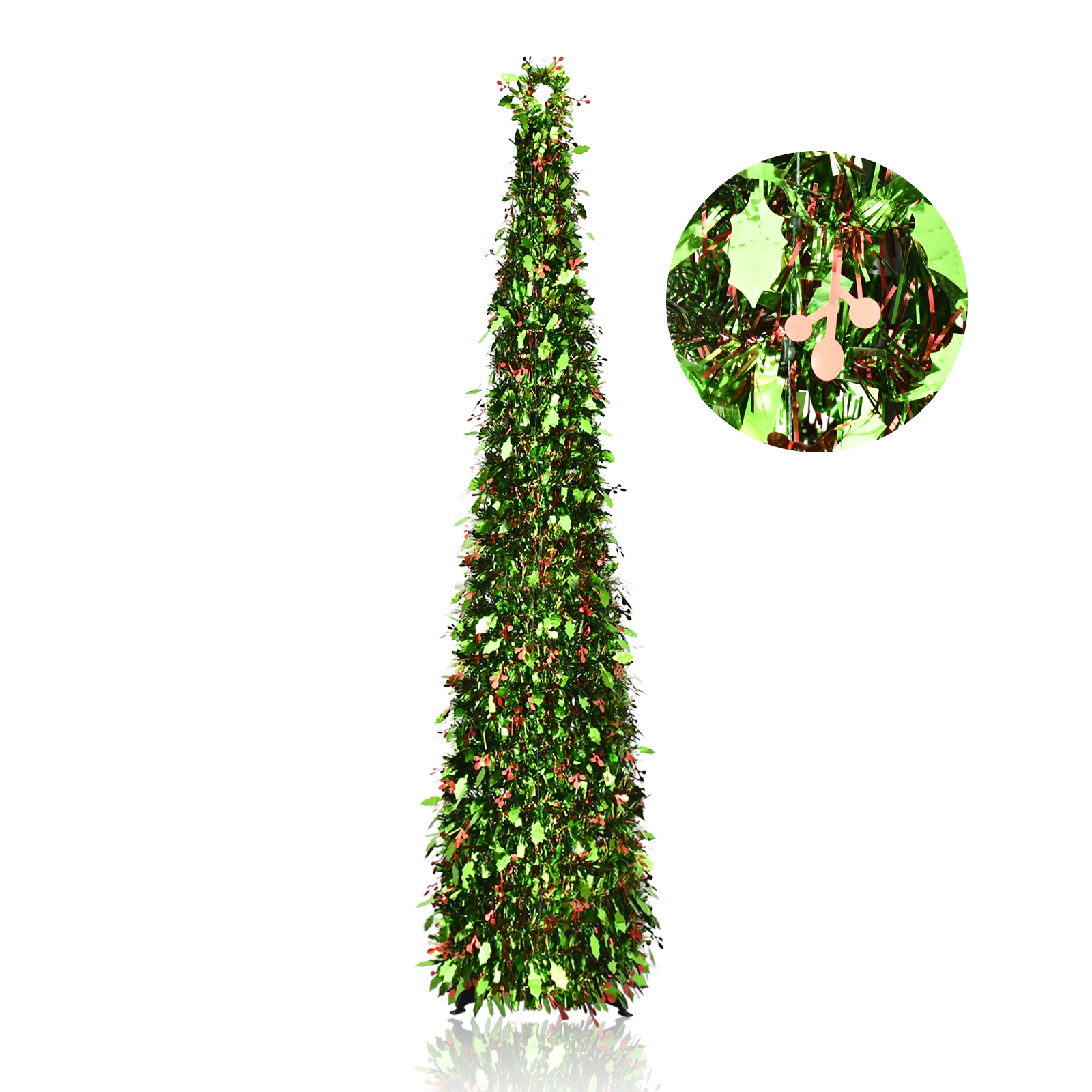 Green Holly Berry Pop Up Tinsel Christmas Tree Collapsible Artificial Pencil Tree