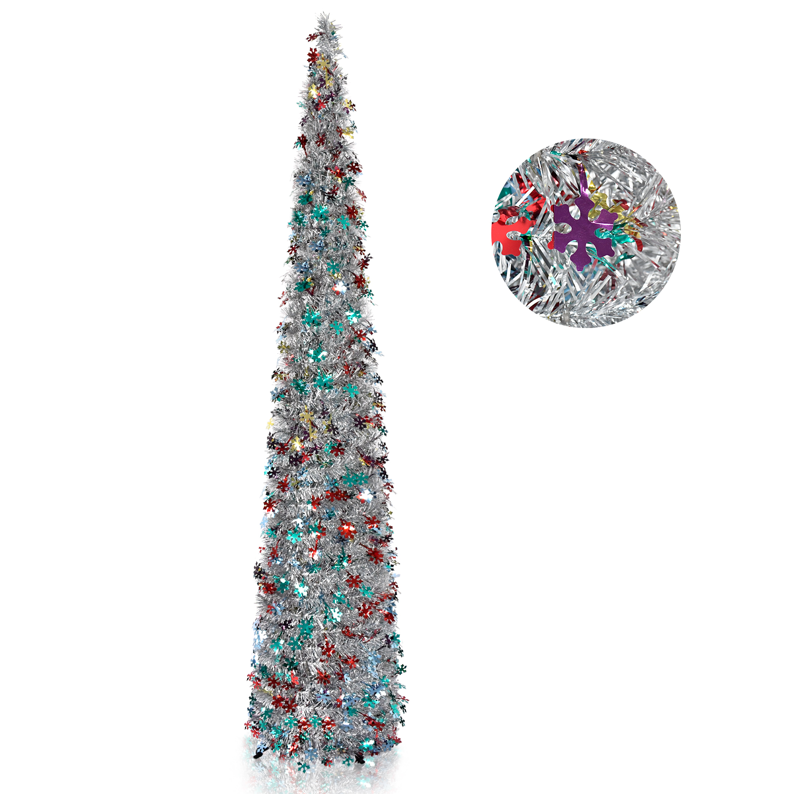 Silver Multicolor Snowflake Pop Up Tinsel Christmas Tree Collapsible Artificial Pencil Tree