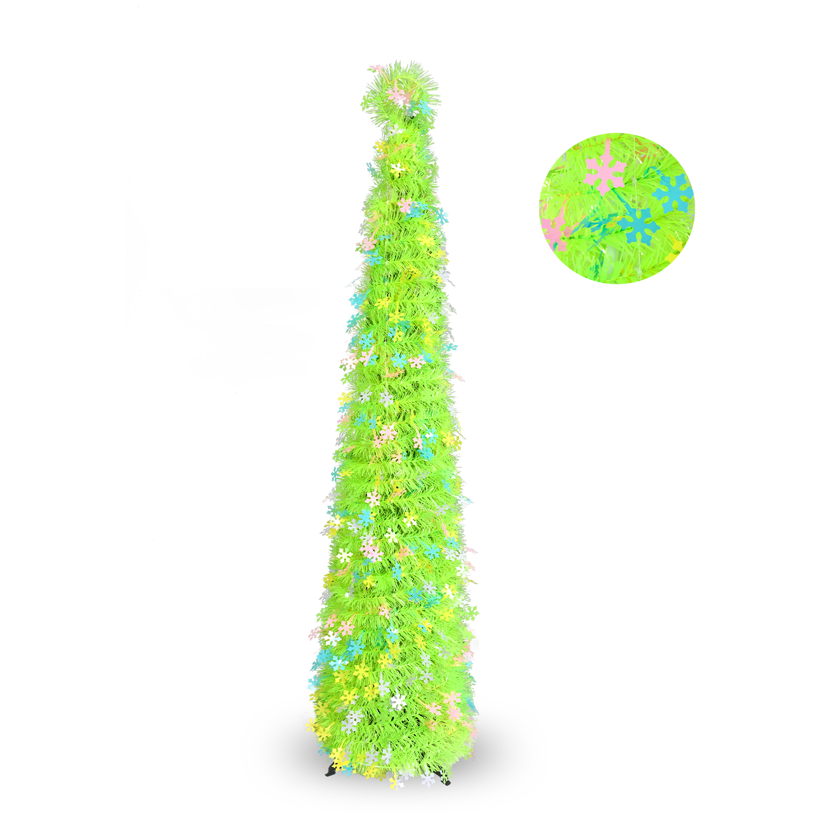 Lime Green Pastel Snowflake Pop Up Tinsel Christmas Tree Collapsible Artificial Pencil Tree