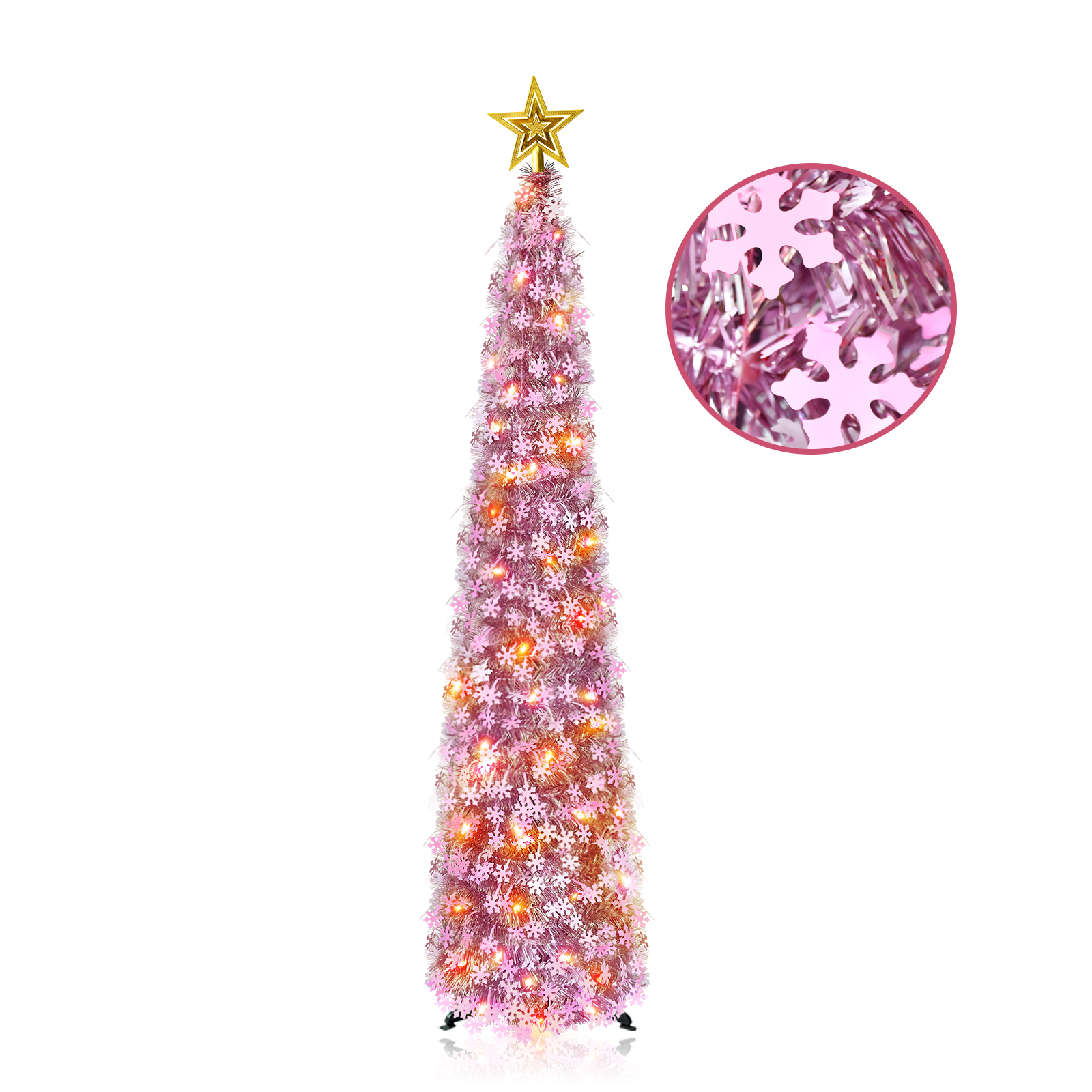 Pink LED Snowflake Pop Up Tinsel Christmas Tree Gold Star Topper Collapsible Artificial Pencil Tree