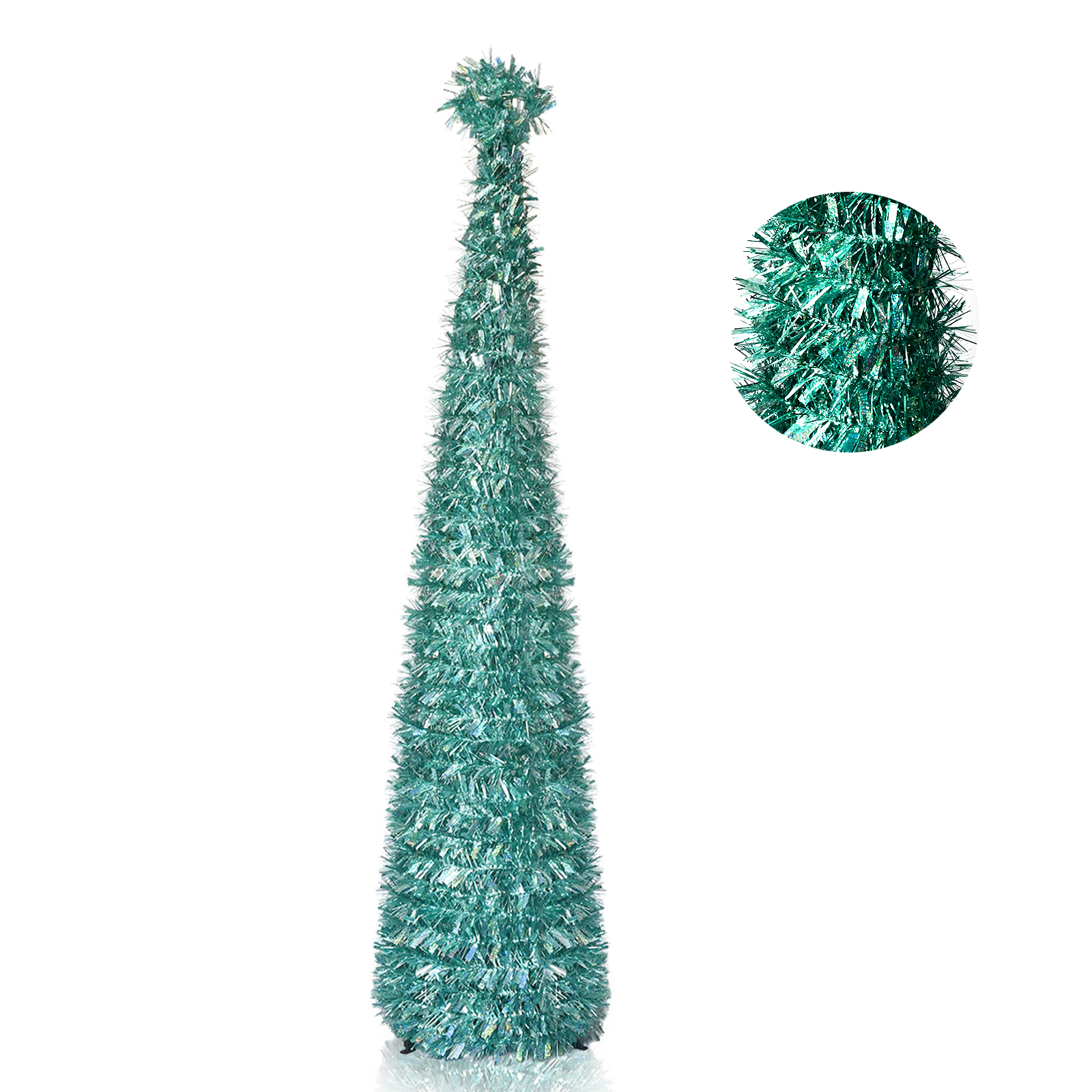 Aqua Teal Metallic Pop Up Tinsel Christmas Tree Collapsible Artificial Pencil Tree
