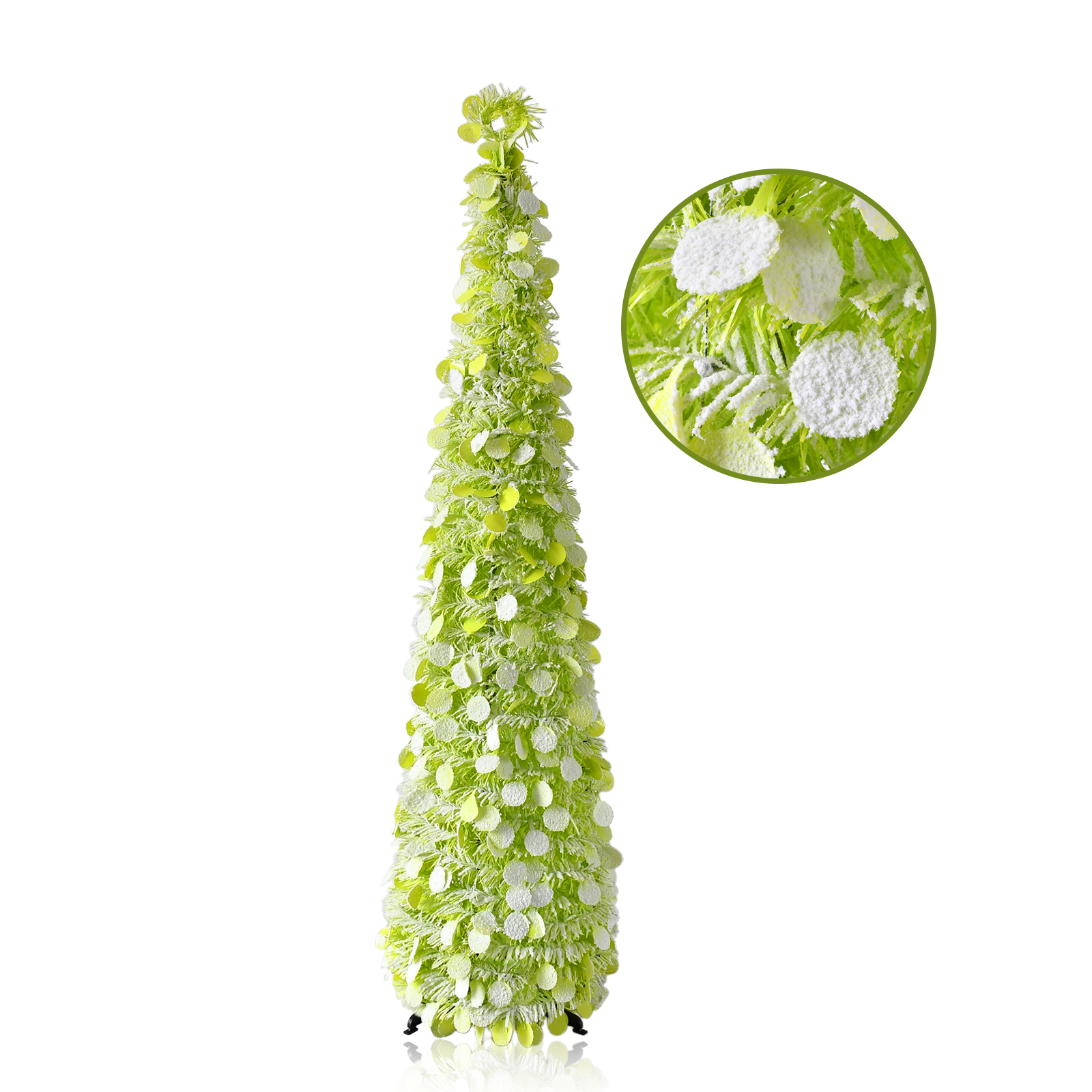 Lime Green Frosted Round Disc Pop Up Tinsel Christmas Tree Collapsible Artificial Pencil Tree