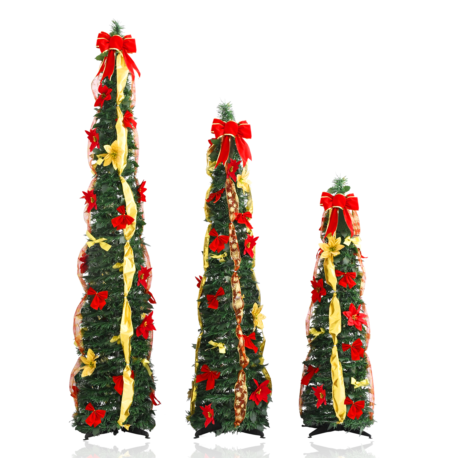 3PCS Green Ribbon Bow Pop Up Tinsel Christmas Tree Set 6FT 5FT 4FT Collapsible Artificial Pencil Tree