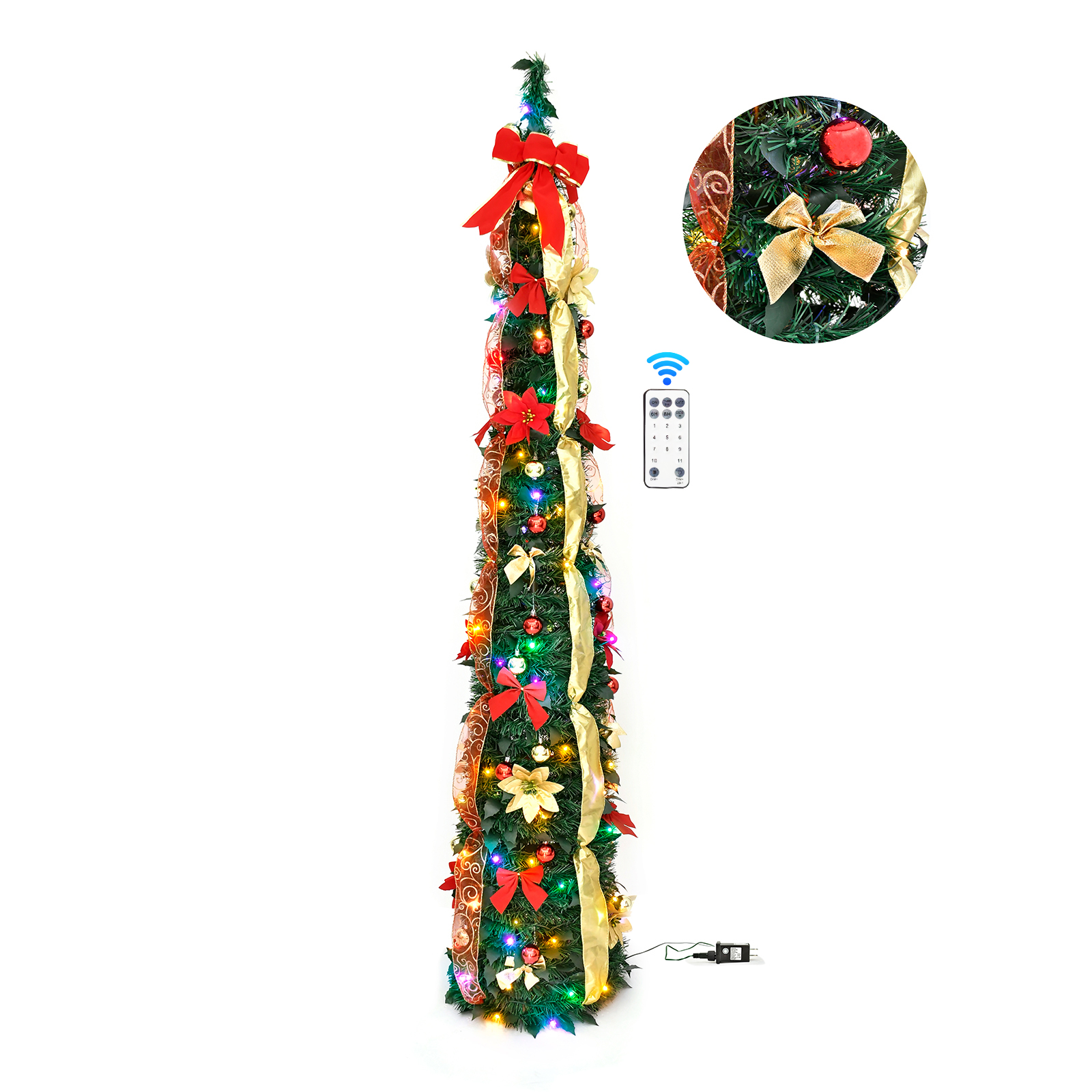Green LED Remote Control Ribbon Bow Pop Up Tinsel Christmas Tree Collapsible Artificial Pencil Tree
