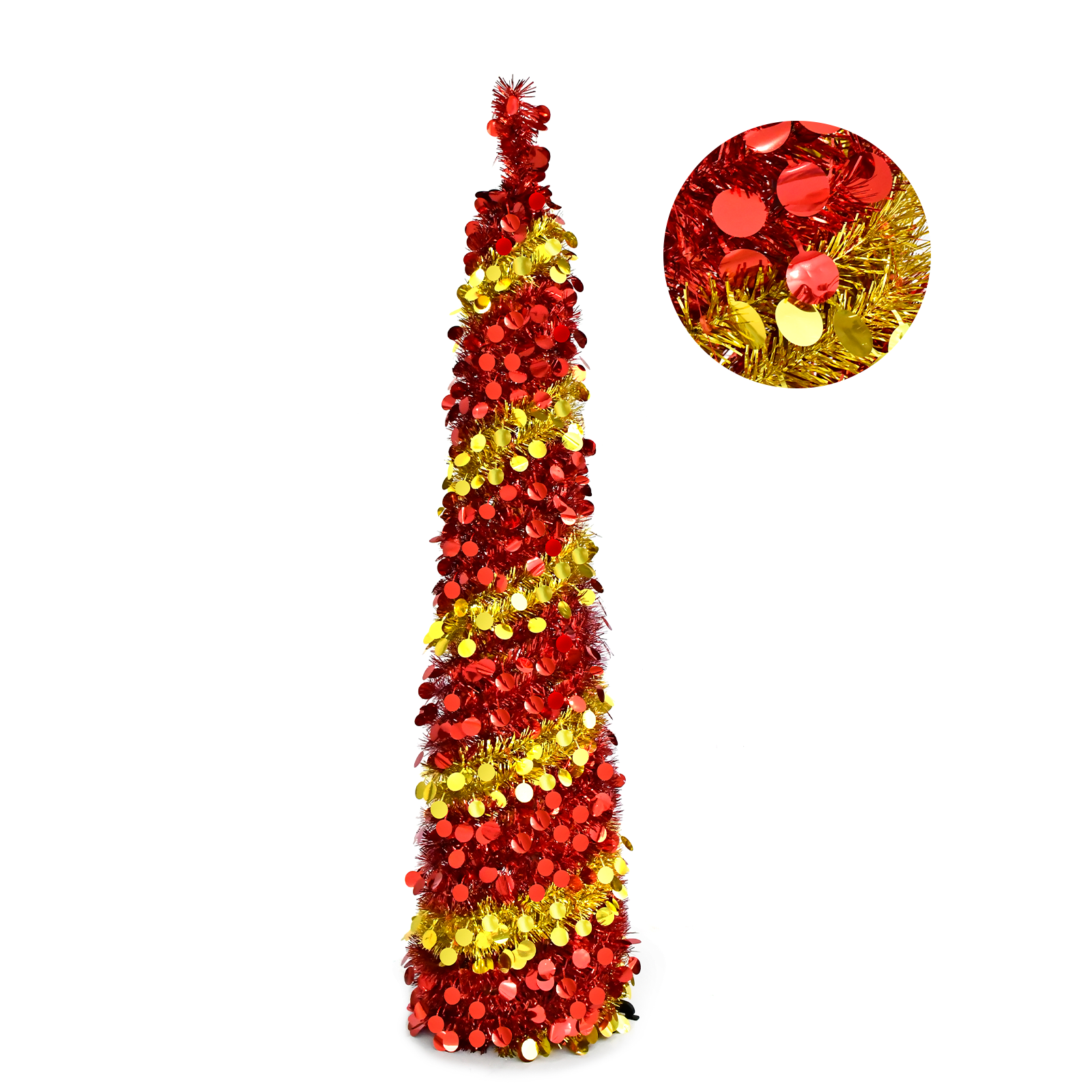 Red Gold Spiral Pop Up Tinsel Christmas Tree Collapsible Artificial Pencil Tree with Round Disc Sequins