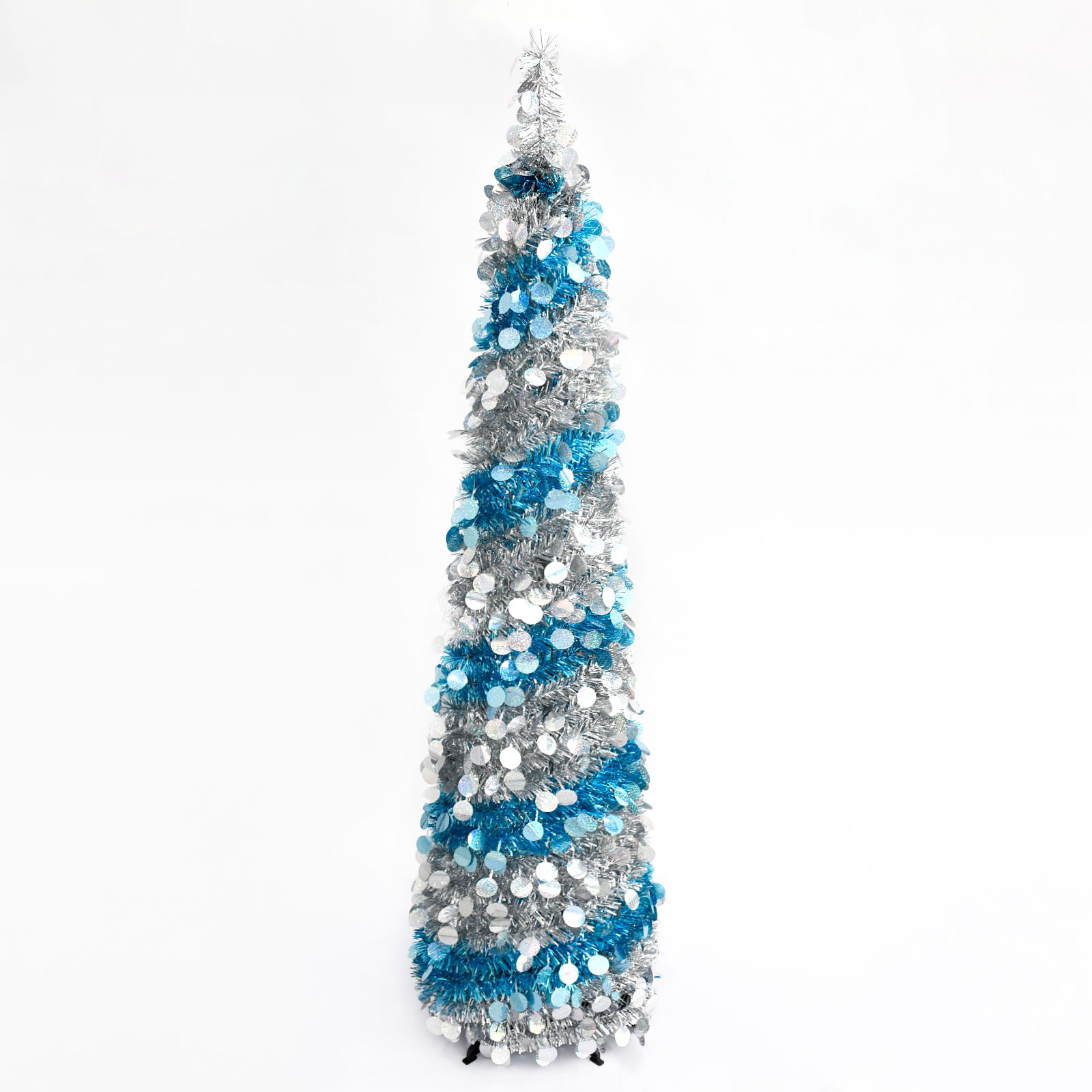 Silver Blue Spiral Round Disc Pop Up Tinsel Christmas Tree Collapsible Artificial Pencil Tree