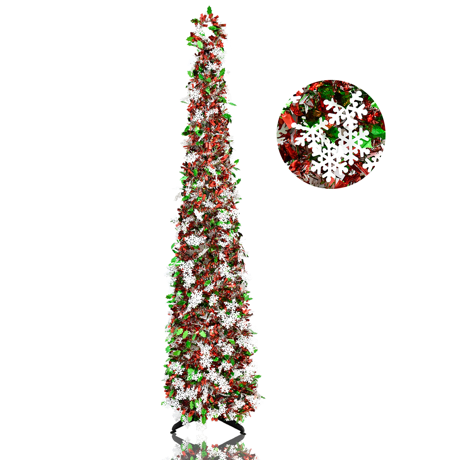 Red Green White Snowflake Holly Pop Up Tinsel Christmas Tree Collapsible Artificial Pencil Tree
