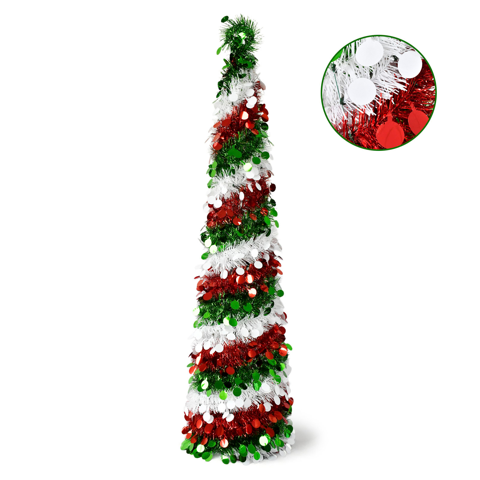 Red Green White Spiral Round Disc Pop Up Tinsel Christmas Tree Collapsible Artificial Pencil Tree