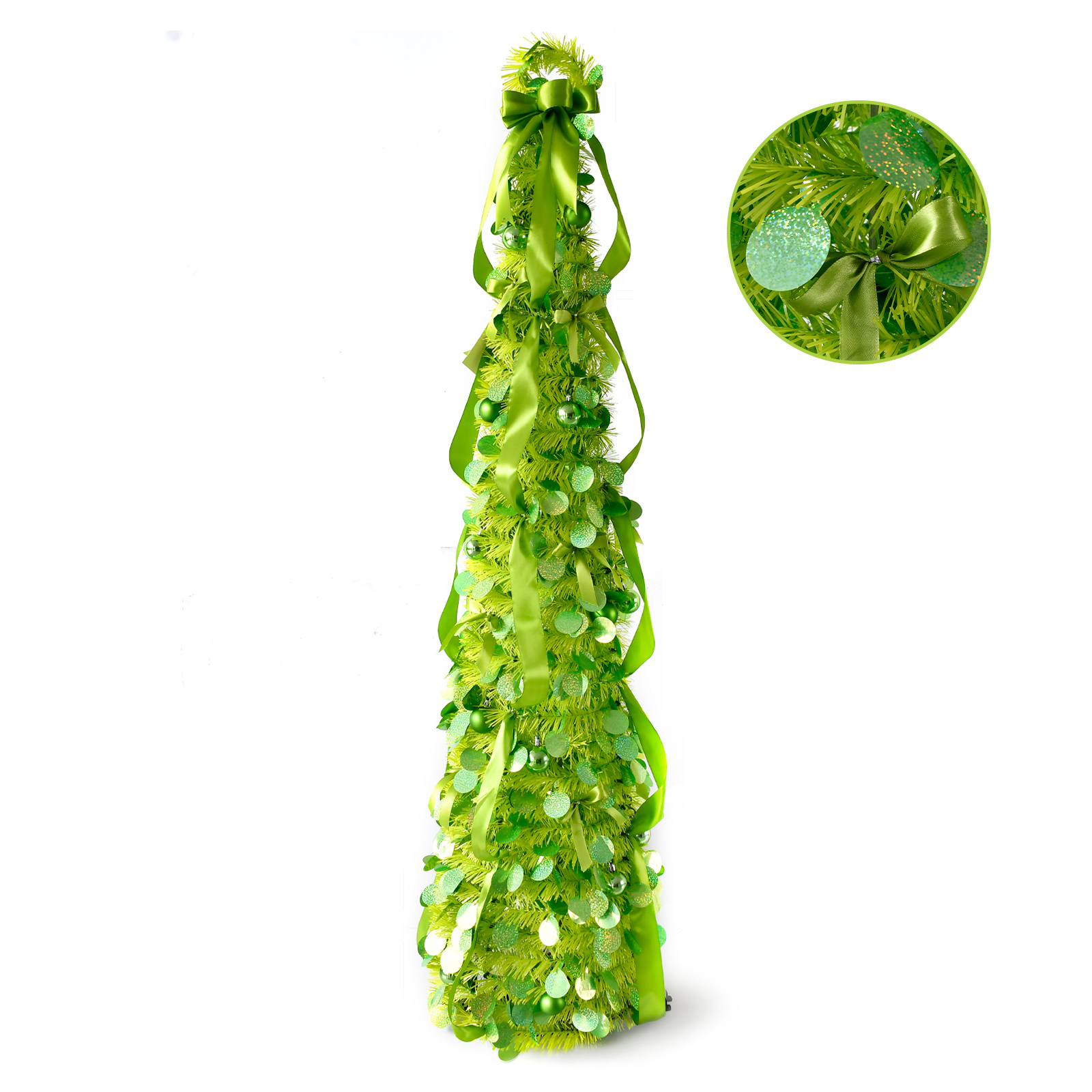 Lime Green Ribbon Bow Round Disc Pop Up Tinsel Christmas Tree Collapsible Artificial Pencil Tree