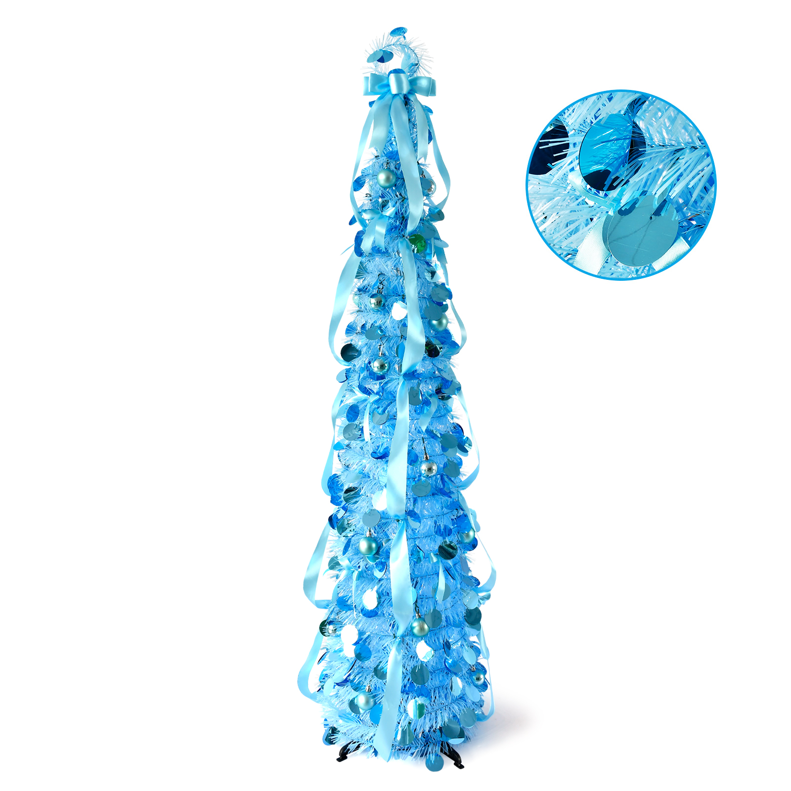 Sky Blue Ribbon Bow Round Disc Pop Up Tinsel Christmas Tree Collapsible Artificial Pencil Tree