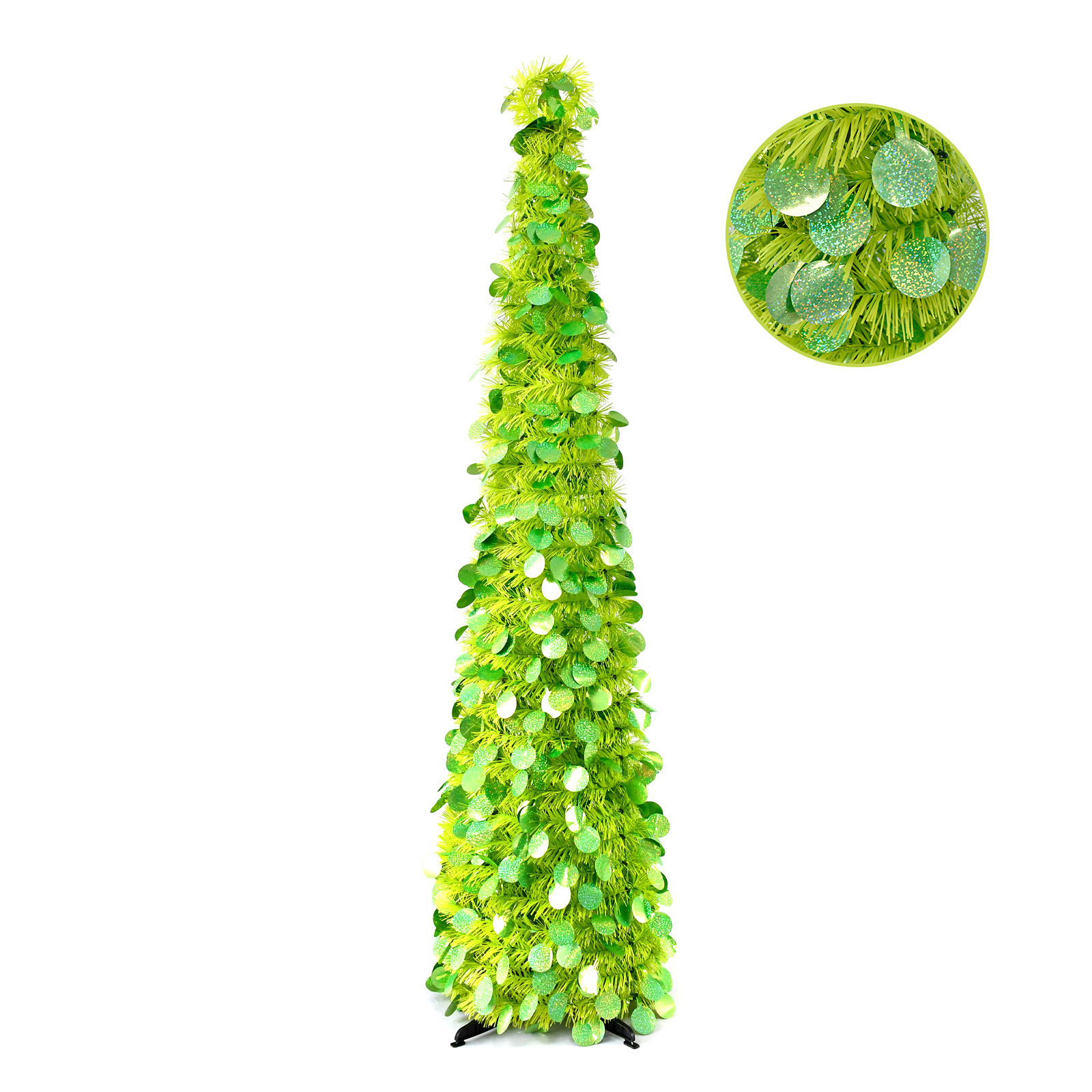 Lime Green Glitter Round Disc Pop Up Tinsel Christmas Tree Collapsible Artificial Pencil Tree