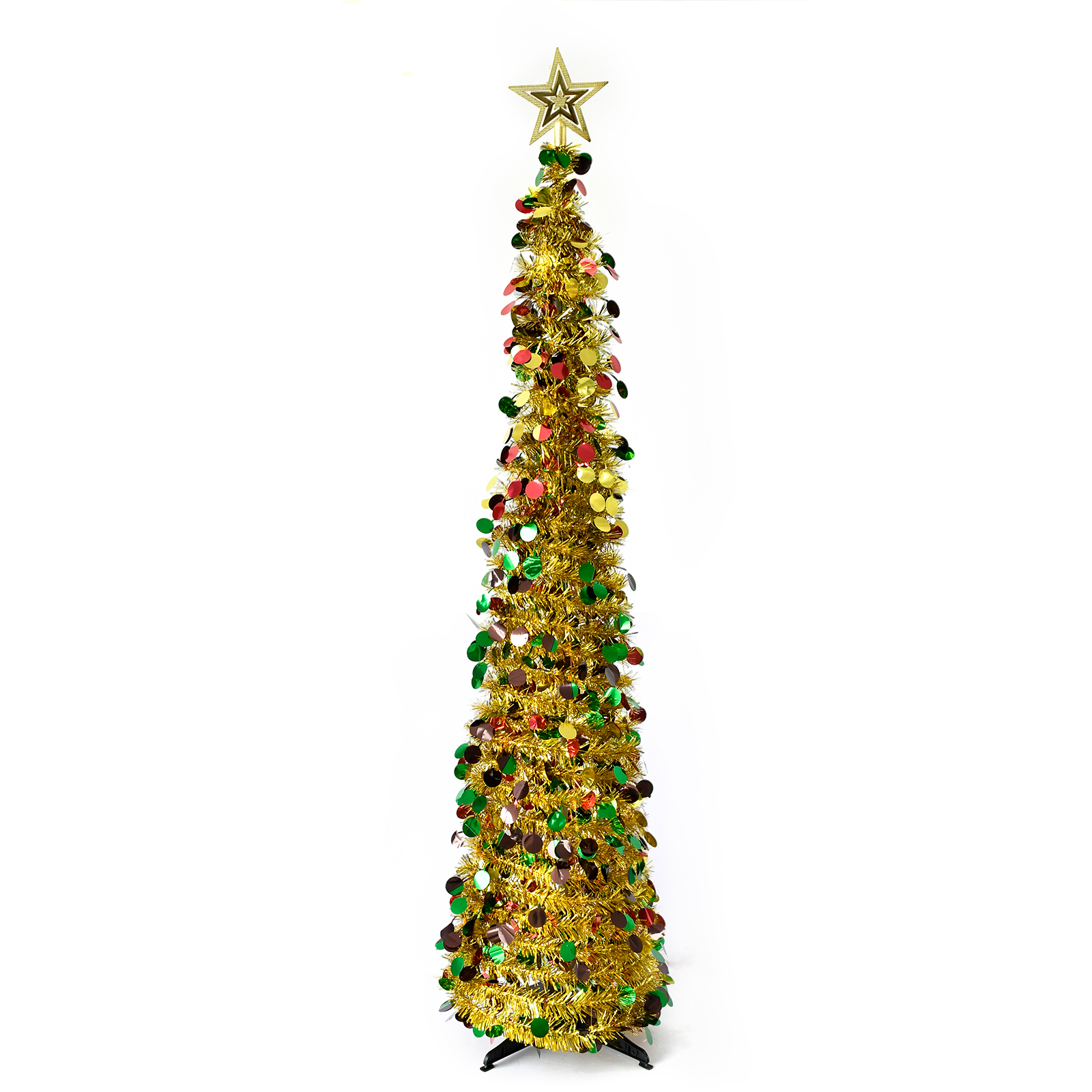 Golden Star Topper Round Disc Pop Up Tinsel Christmas Tree Collapsible Artificial Pencil Tree