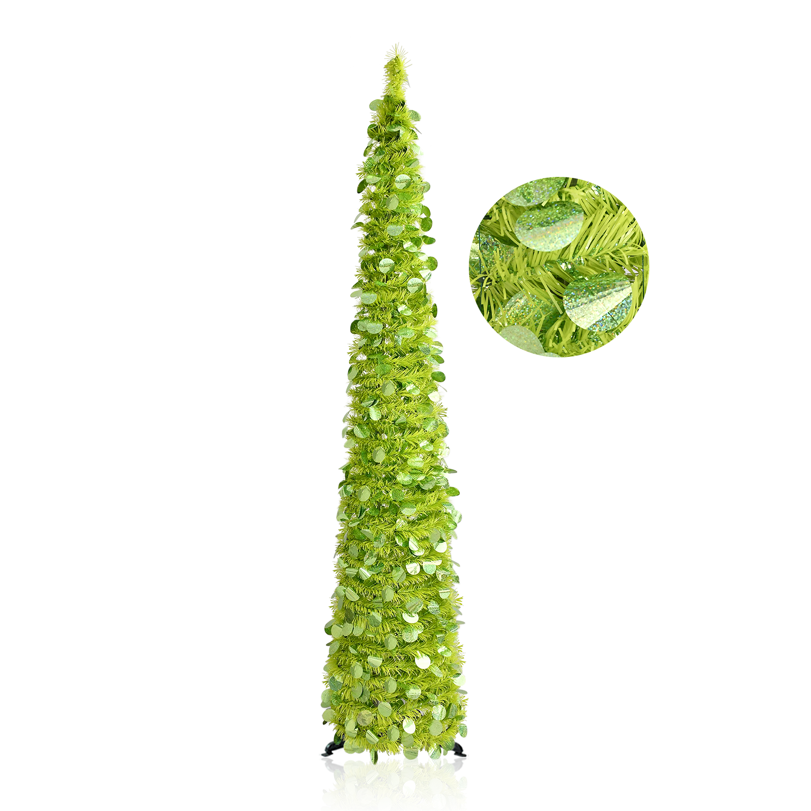 Lime Green Glitter Round Pop Up Tinsel Christmas Tree Collapsible Artificial Pencil Tree
