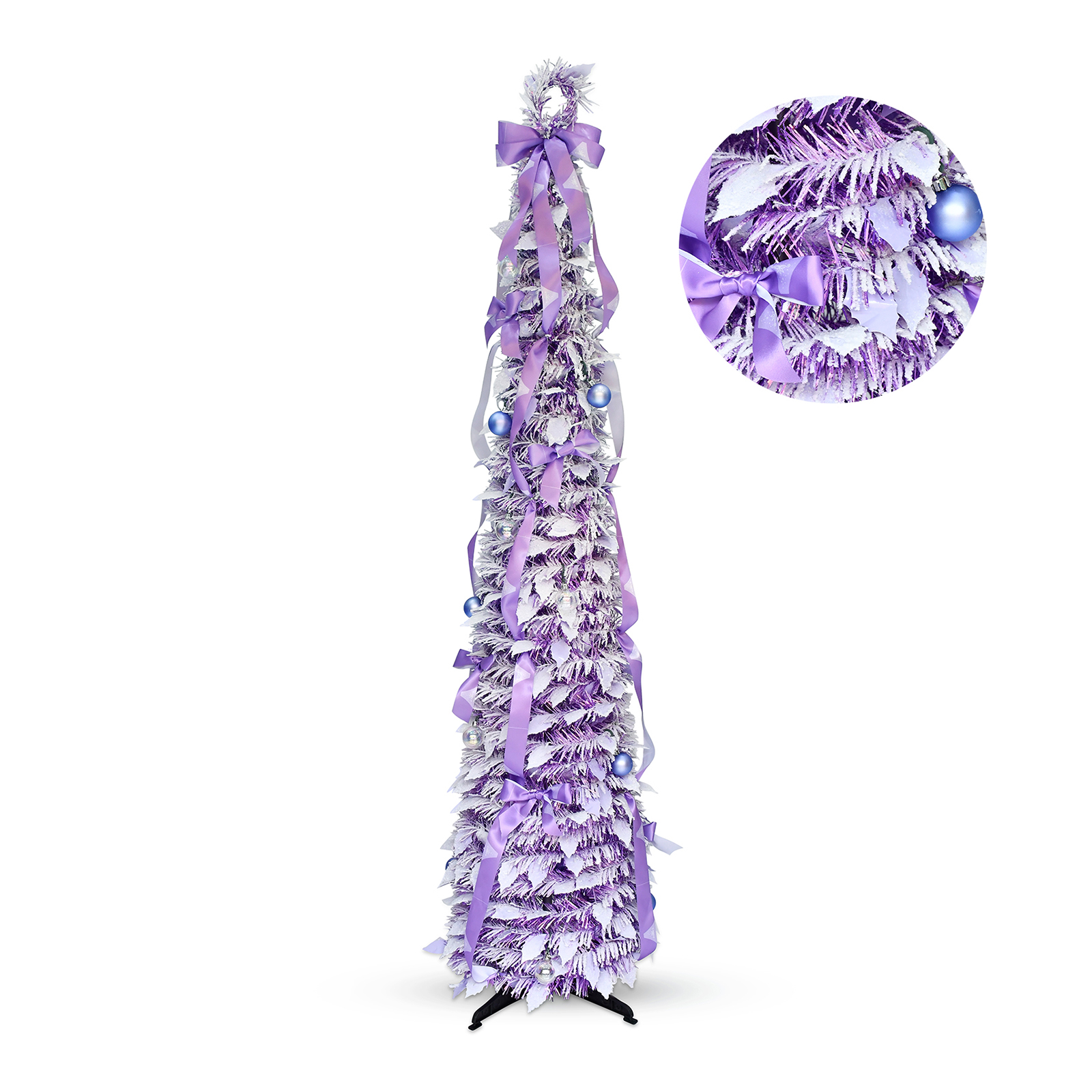 Purple White Ribbon Bow Frosted Pop Up Tinsel Christmas Tree Collapsible Artificial Pencil Tree