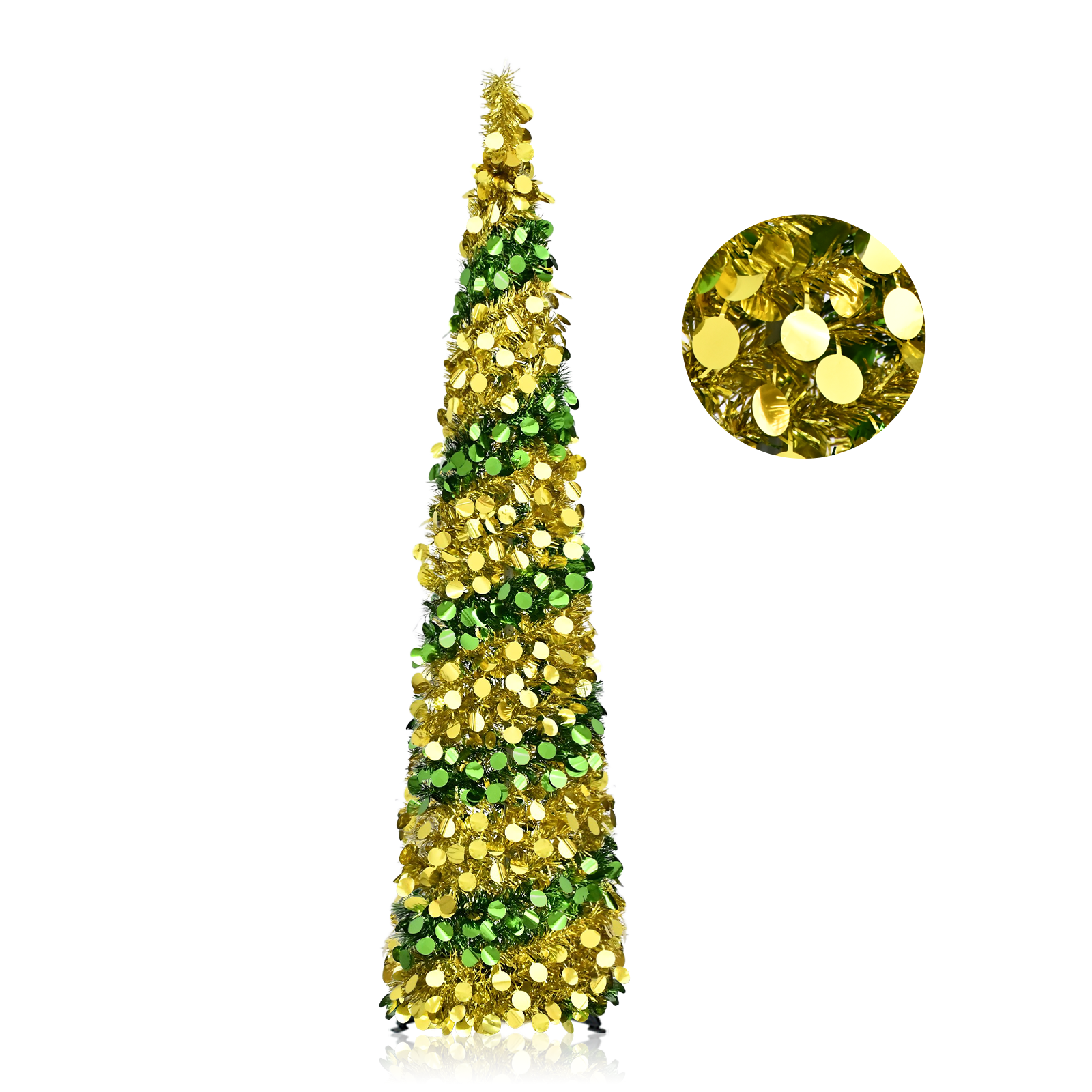 Gold Green Spiral Pop Up Tinsel Christmas Tree Collapsible Artificial Pencil Tree with Round Disc Sequins