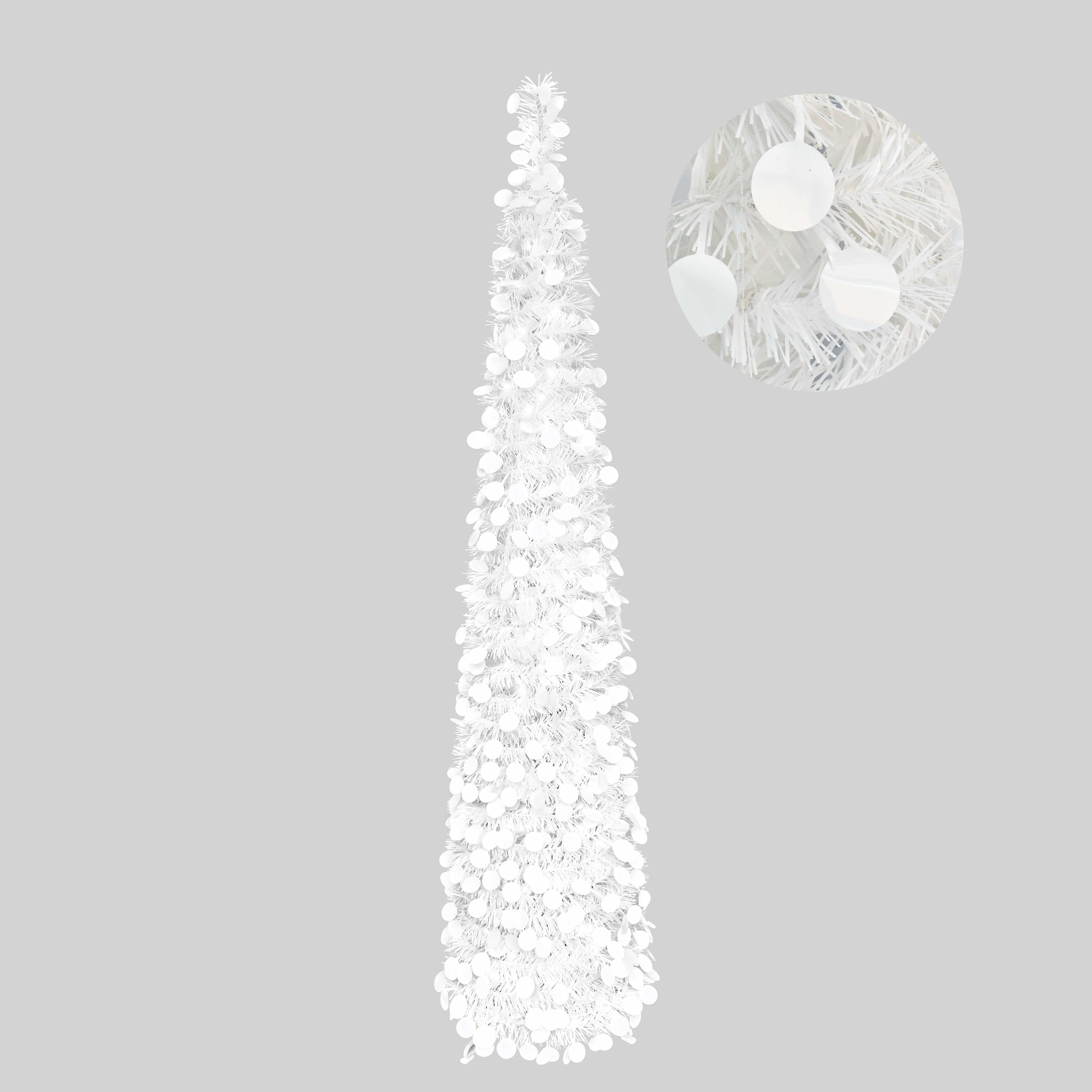 White Round Disc Pop Up Tinsel Christmas Tree Collapsible Artificial Pencil Tree