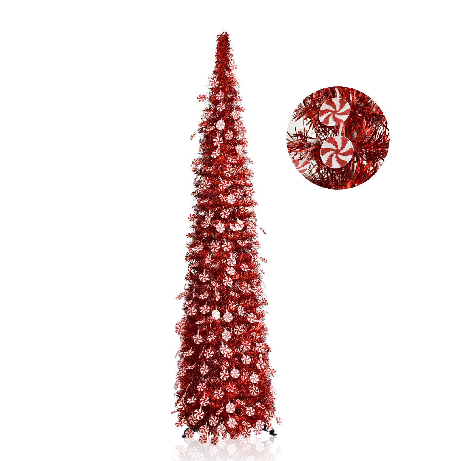 Red Peppermint Candy Disc Pop Up Tinsel Christmas Tree Collapsible Artificial Pencil Tree