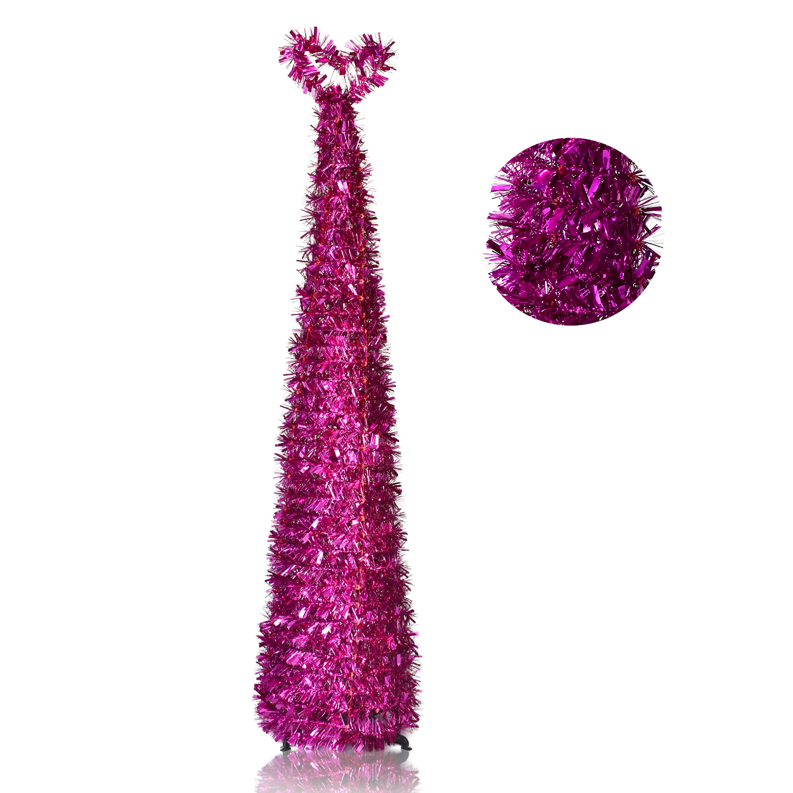 Rose Red Heart Top Pop Up Tinsel Christmas Tree Collapsible Metallic Artificial Pencil Tree