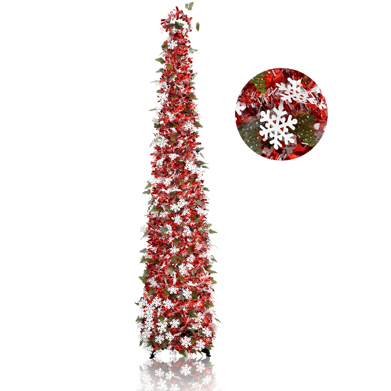 Red Green White Snowflake Pop Up Tinsel Christmas Tree Collapsible Artificial Pencil Tree