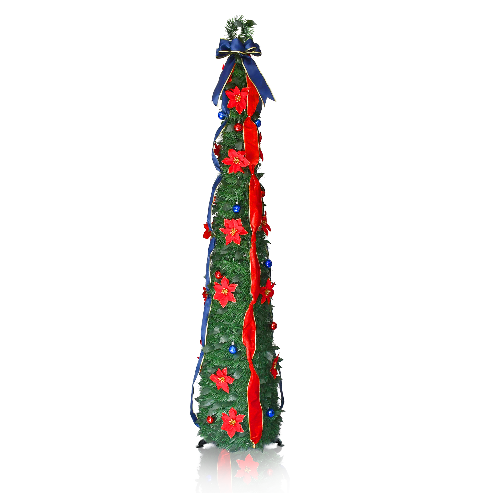 Green Red Blue Ribbon Bow Poinsettia Pop Up Tinsel Christmas Tree Collapsible Artificial Pencil Tree