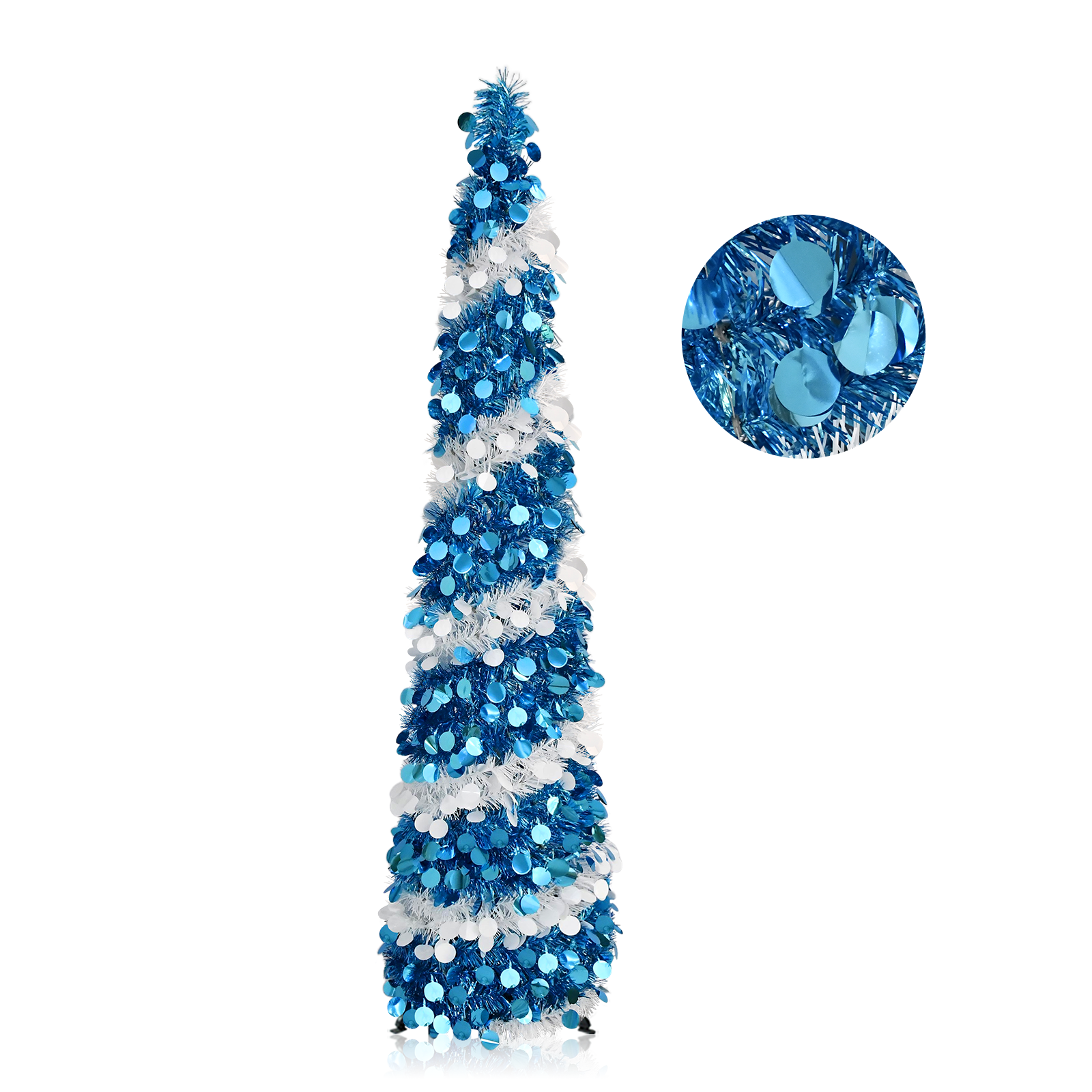 Blue White Spiral Round Disc Pop Up Tinsel Christmas Tree Collapsible Artificial Pencil Tree