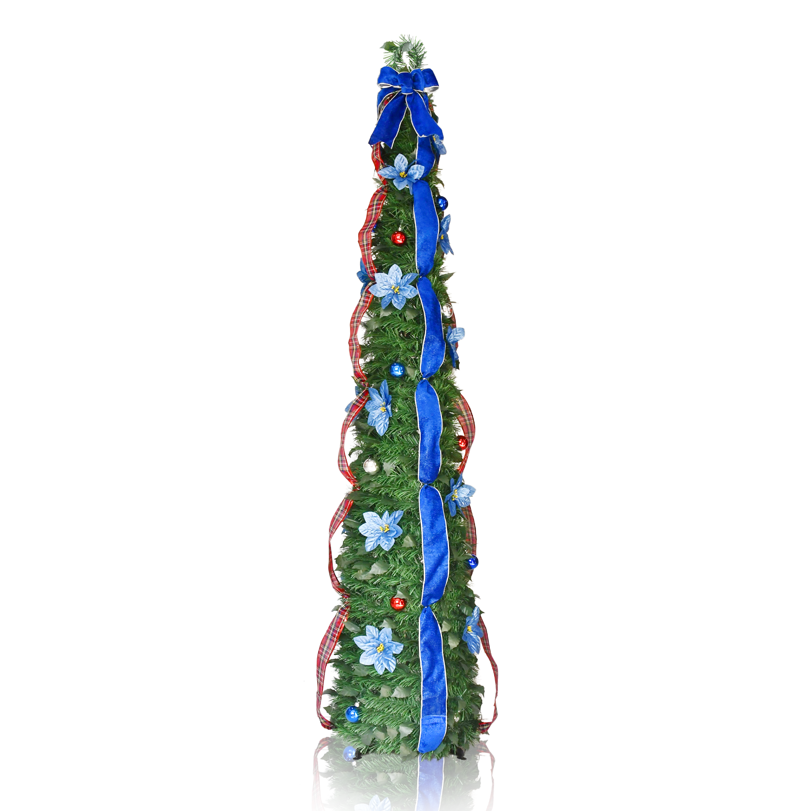 Green Blue Bow Plaid Ribbon Poinsettia Pop Up Tinsel Christmas Tree