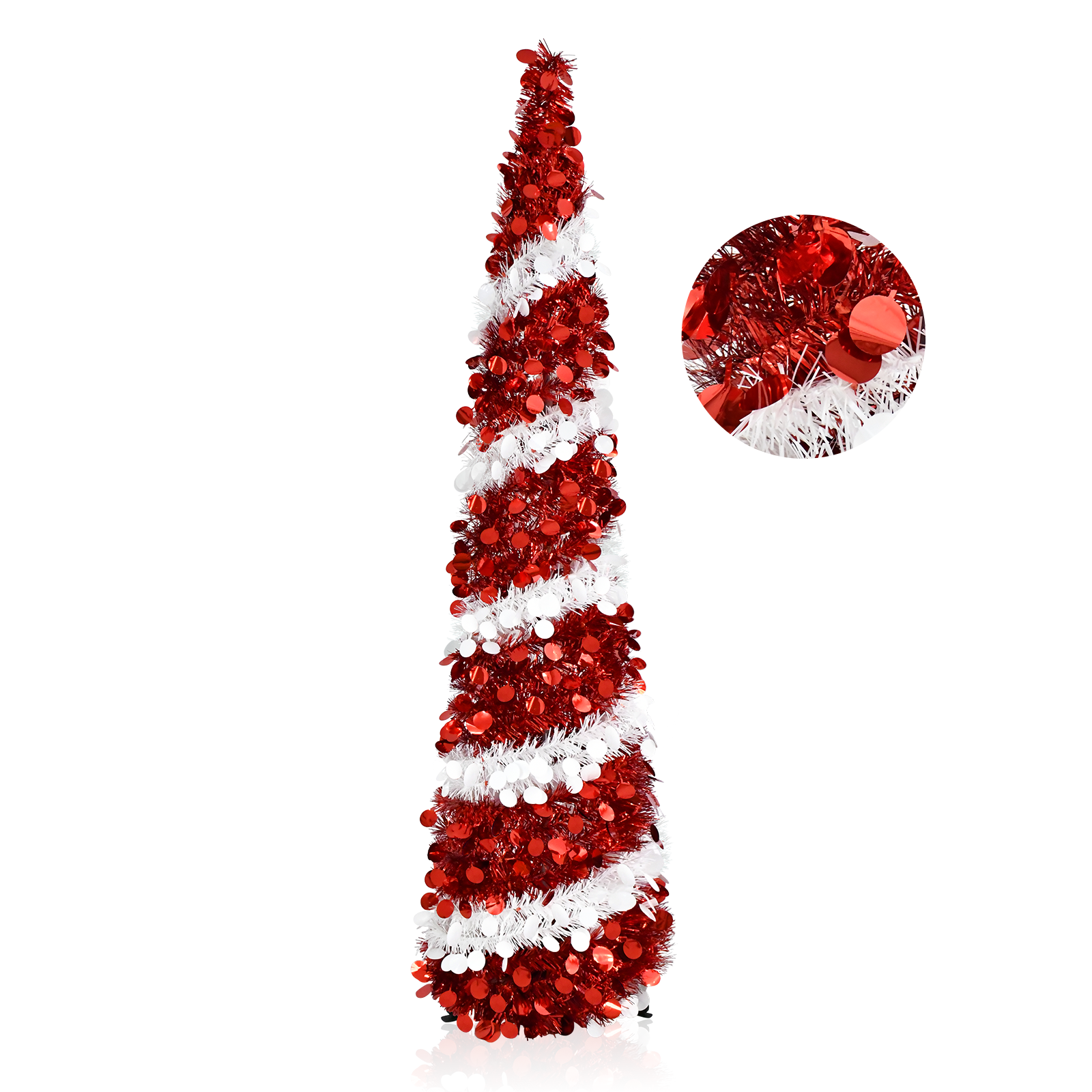 Red White Spiral Pop Up Tinsel Christmas Tree Collapsible Artificial Pencil Tree with Round Disc Sequins