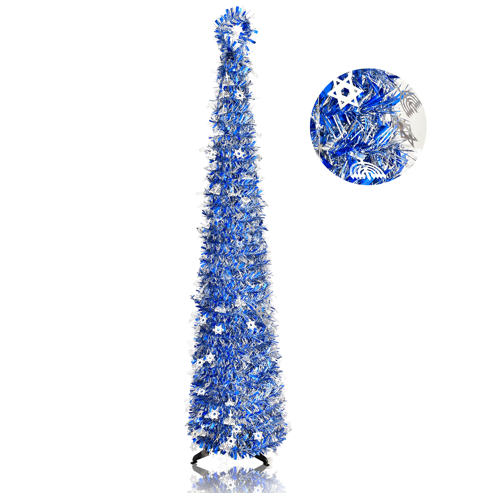 Blue Silver Star Snowflake Curled Top Pop Up Tinsel Christmas Tree