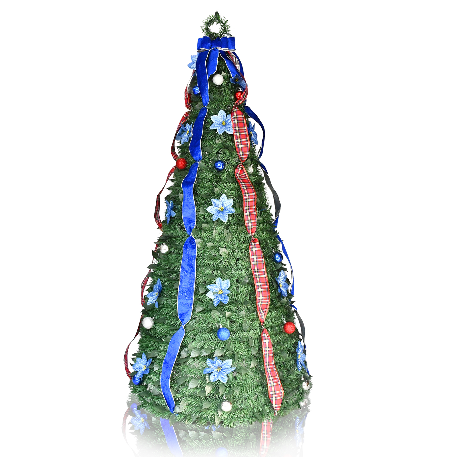 6FT Green Blue Bow Plaid Ribbon Poinsettia Pop Up Tinsel Christmas Tree
