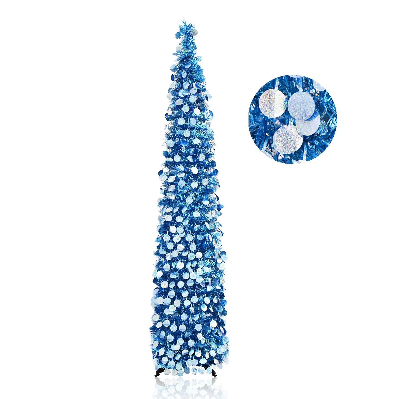 Blue White Glitter Round Disc Pop Up Tinsel Christmas Tree