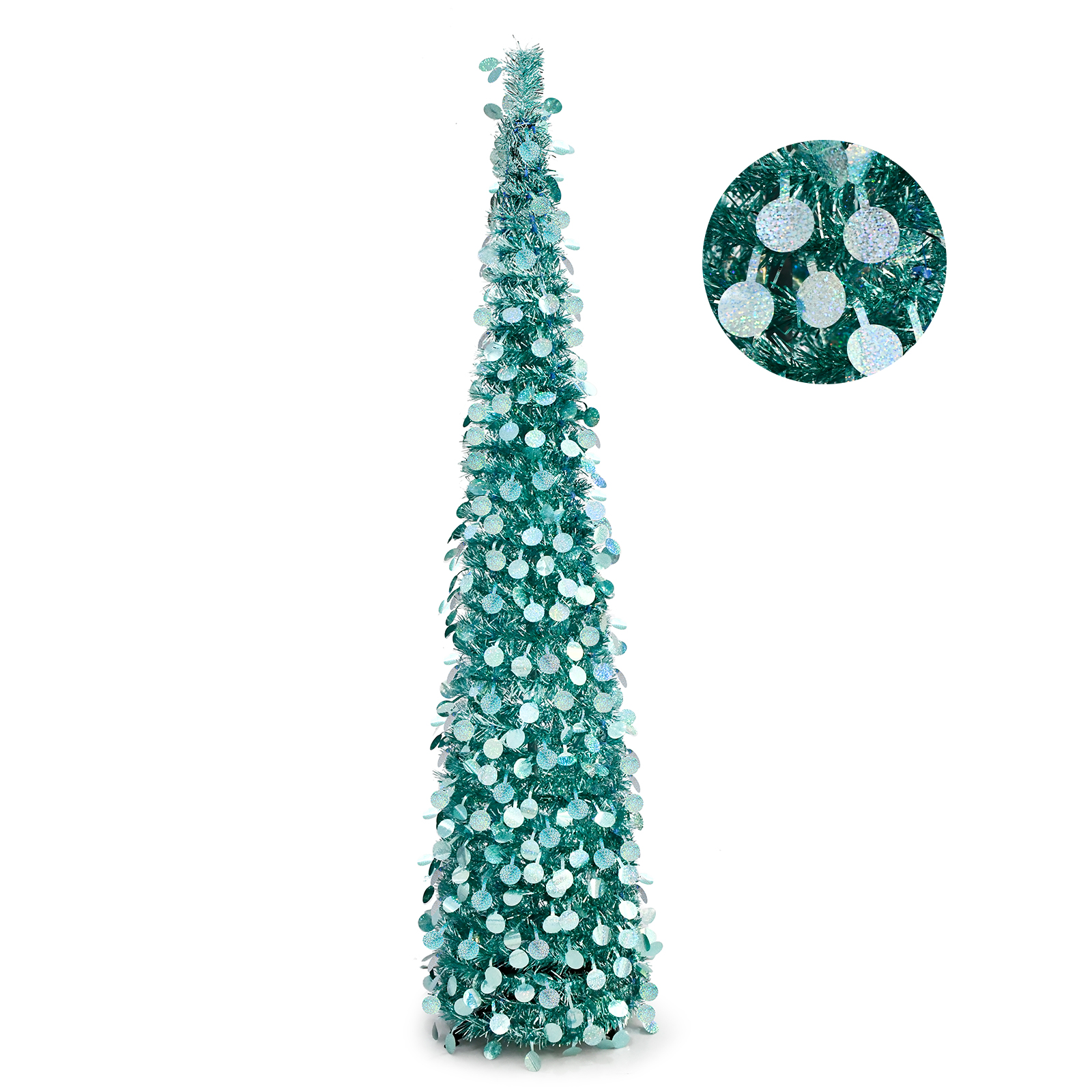 Teal Green White Glitter Round Disc Pop Up Tinsel Christmas Tree