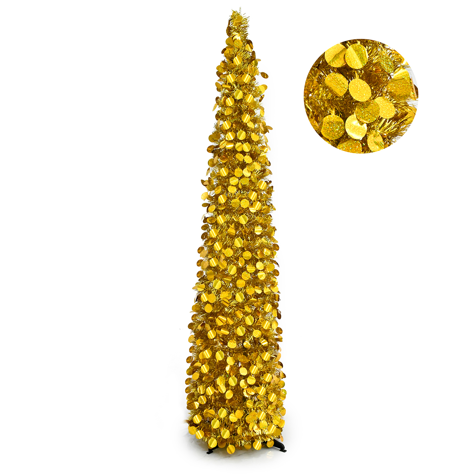 Gold Glitter Round Disc Pop Up Tinsel Christmas Tree