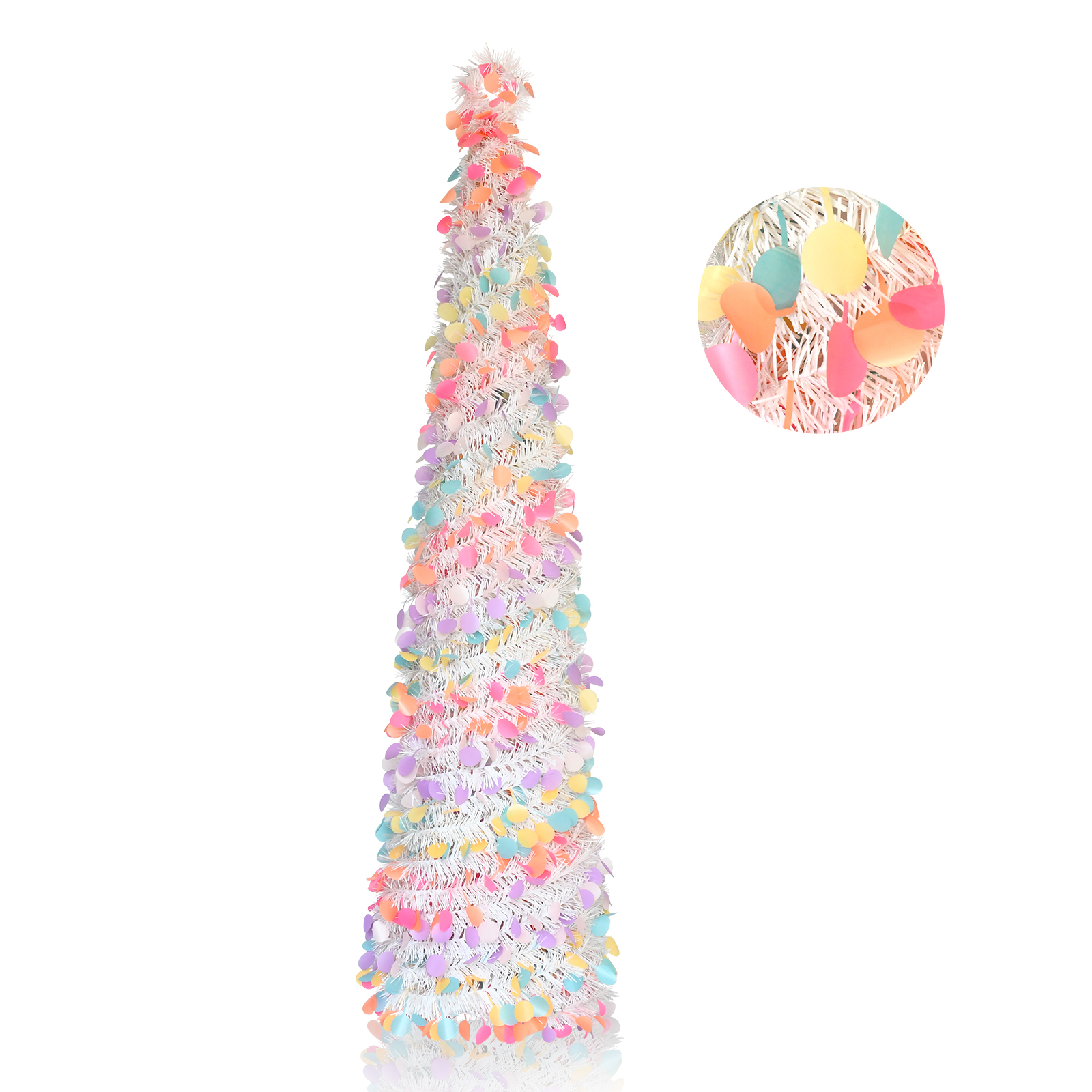 White Pastel Multicolor Round Disc Pop Up Tinsel Christmas Tree