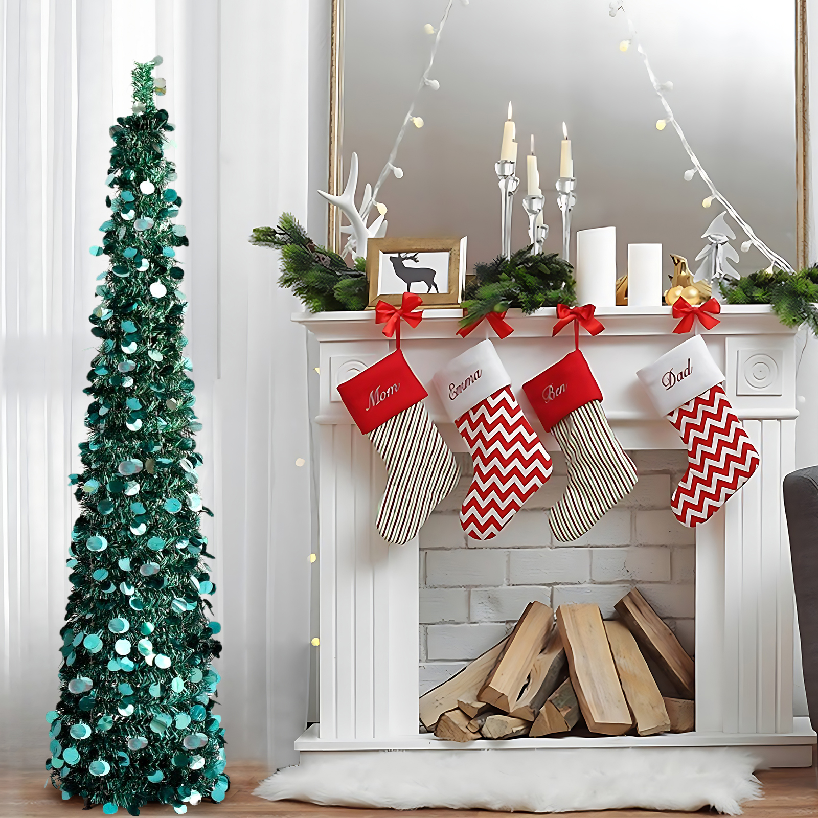 Slim Round Disc Crooked Neck Tinsel Holiday Tree for Christmas Décor