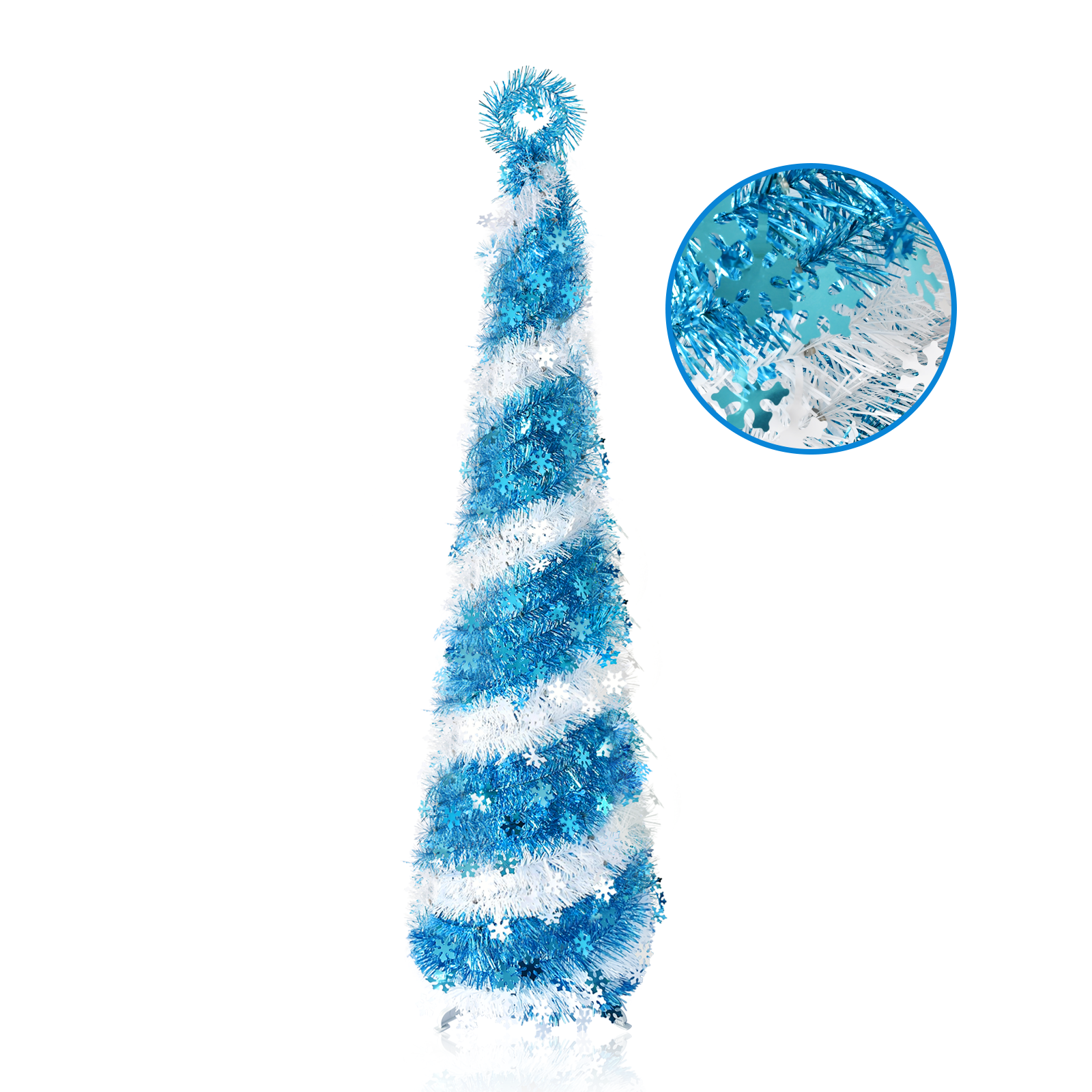 Pop Up Tinsel Christmas Tree Blue White Spiral Collapsible Artificial Pencil Tree