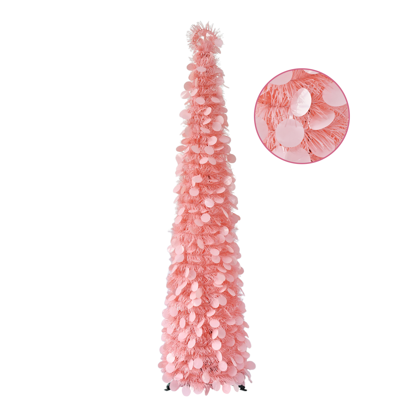 Pink Pop Up Tinsel Christmas Tree Collapsible Artificial Pencil Tree with Round Disc Sequins