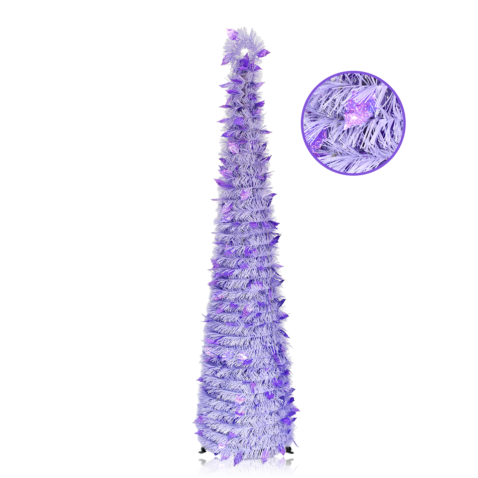 Purple Pop Up Tinsel Christmas Tree Collapsible Artificial Pencil Tree with Leaf Sequins