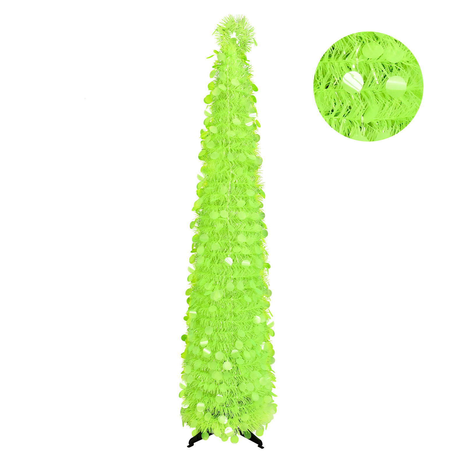 Neon Green Pop Up Tinsel Christmas Tree Collapsible Artificial Pencil Tree with Round Disc Sequins