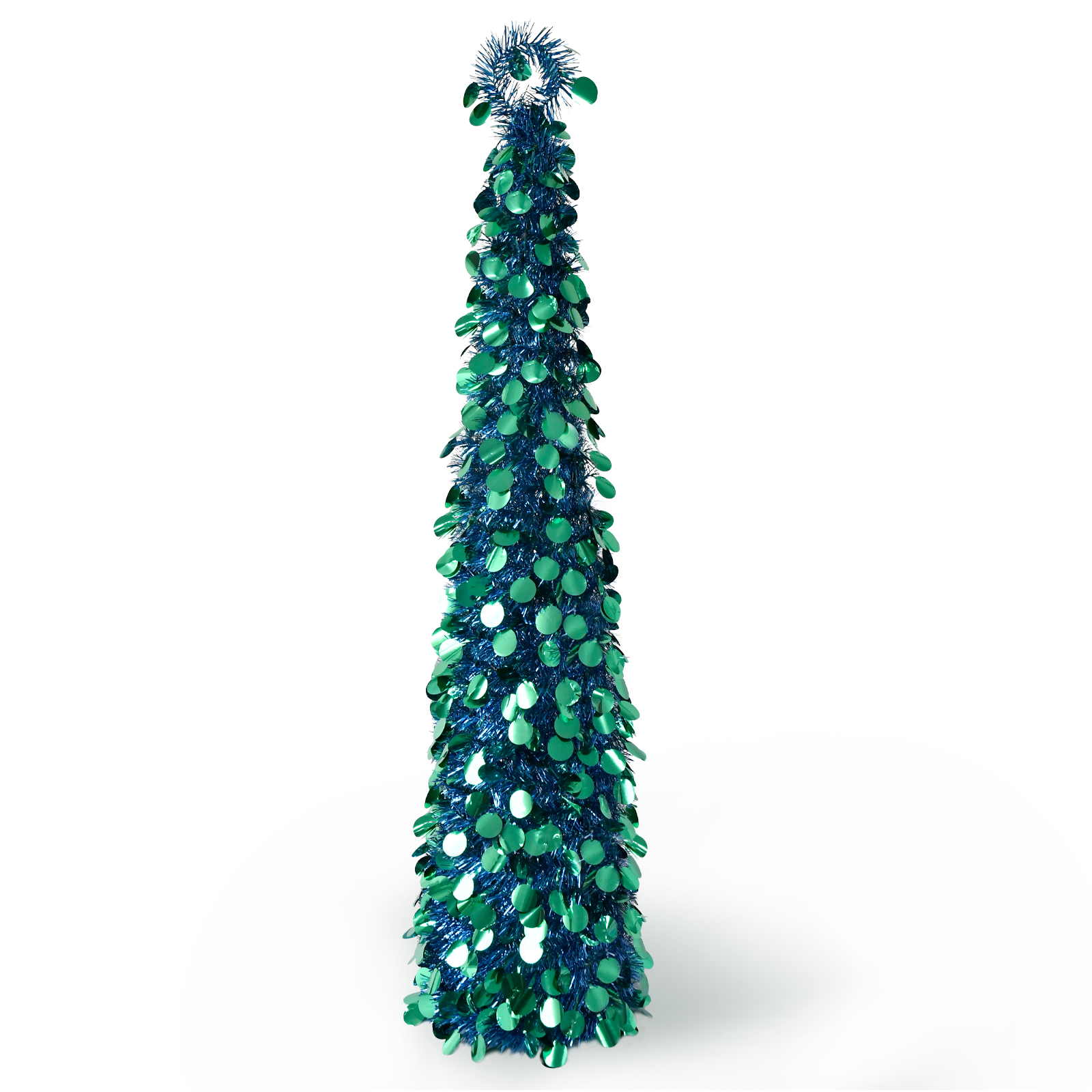 Blue Green Round Disc Crooked Neck Tinsel Pop Up Christmas Tree