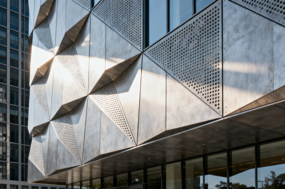 Architectural Breathing Skins: Metal Sunshade Façades with Dispersed Airflow Outlets