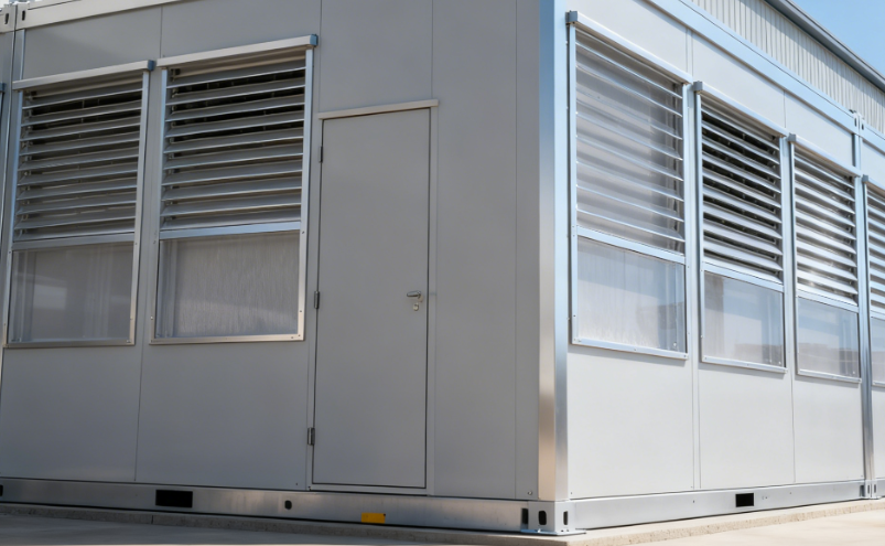 Compact Enclosure Wall with Aluminum Sunshade and Dust-Resistant Vent Panels for Power Modules