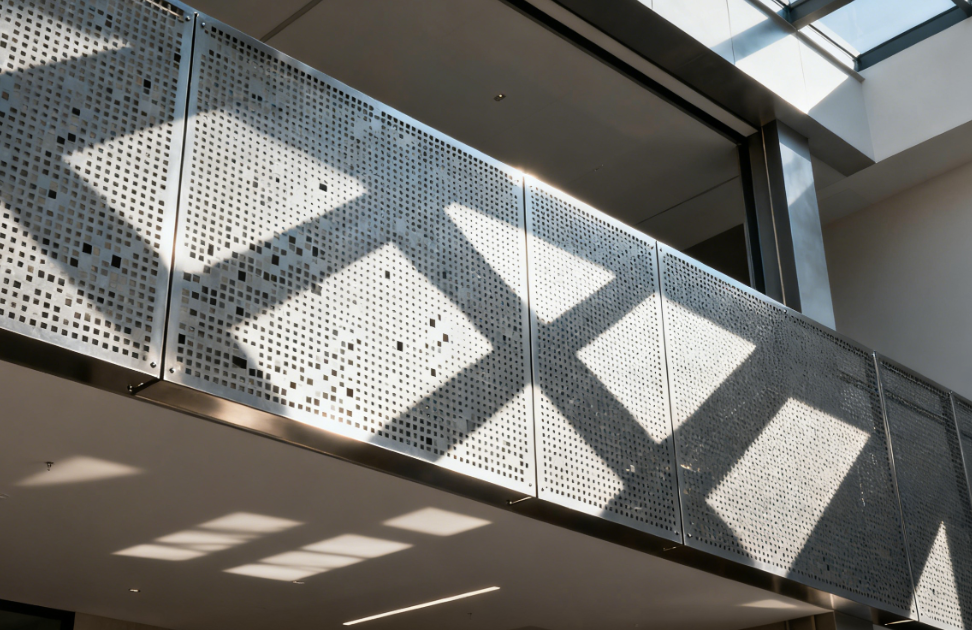 Directional Airflow Sunshade Panels with Embedded Perforated Vent Zones