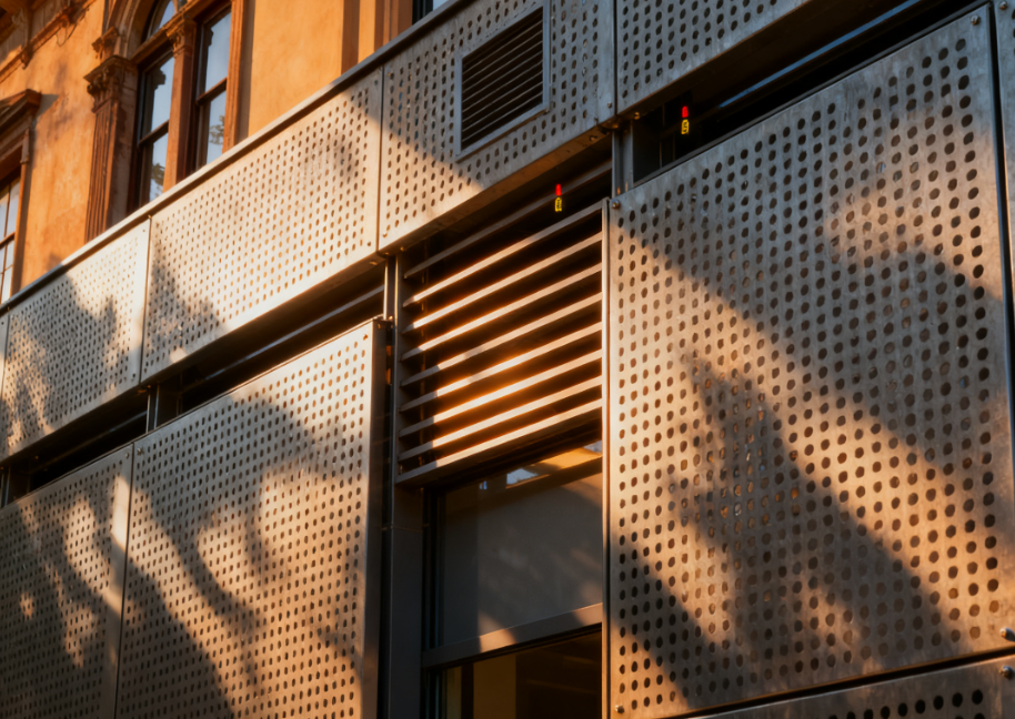 Discreet Architectural Sunshade and Ventilation Perforated Metal Cladding for Small Buildings