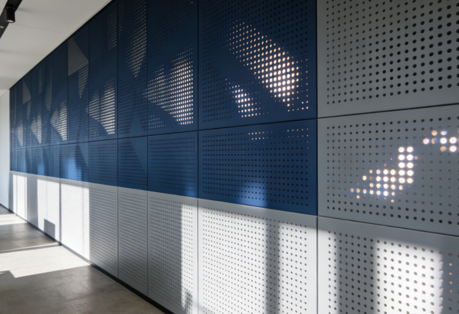 Dual-Color Perforated Wall Panels for Creative Agencies — Branding Meets Function