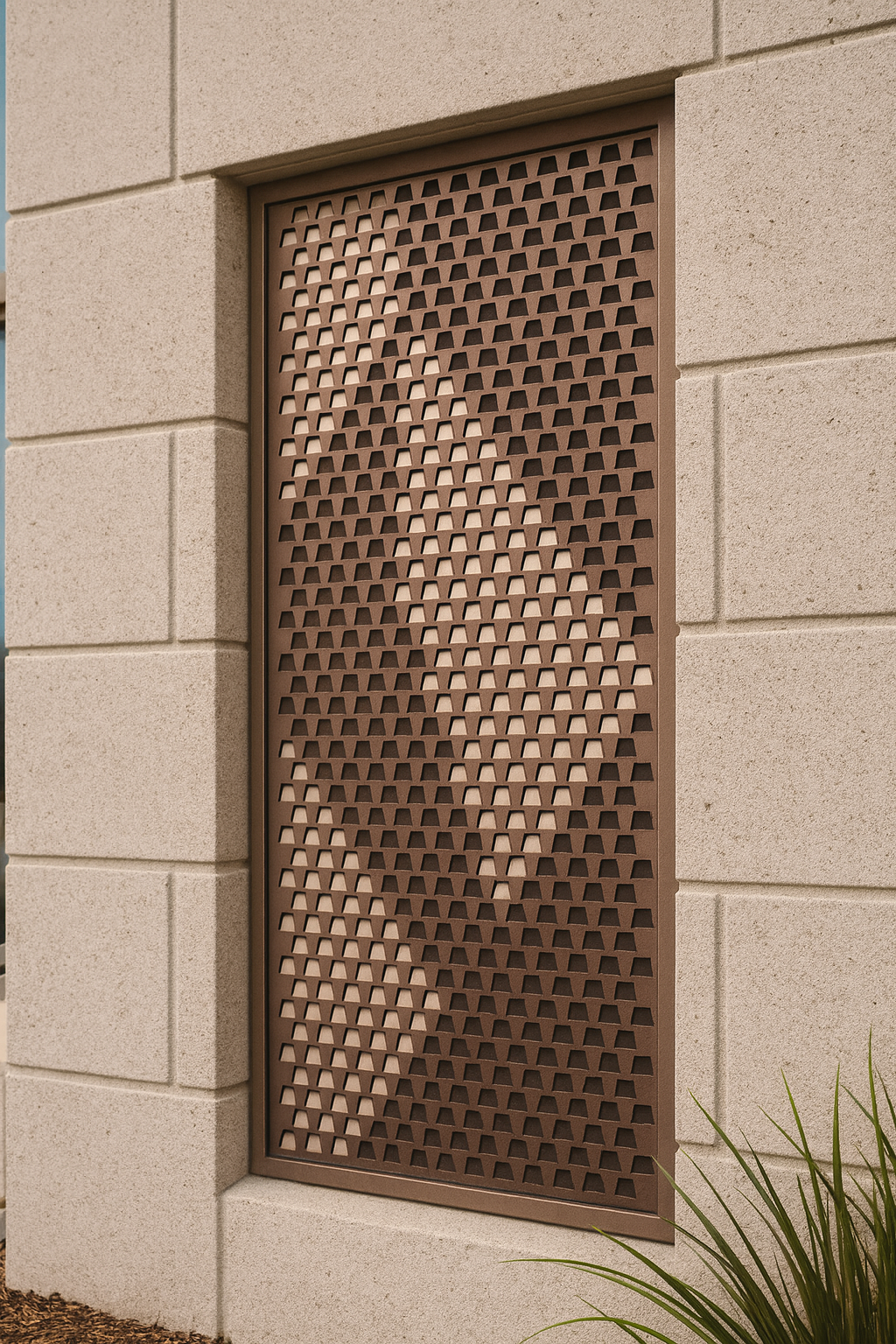 embellished punched metal insert on balcony railing wall