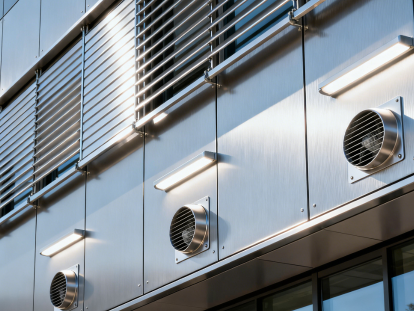 Metal Sunshade and Vent Panels for Rarely Accessed Rooftop Compartments in Data and Research Facilities