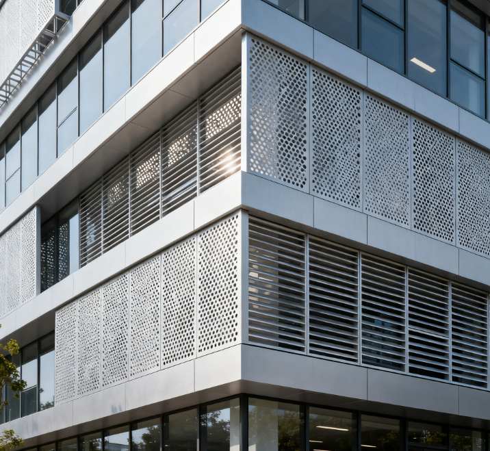 Perforated Sun Shading and Ventilation Panels for Hot Climate Regions Buildings